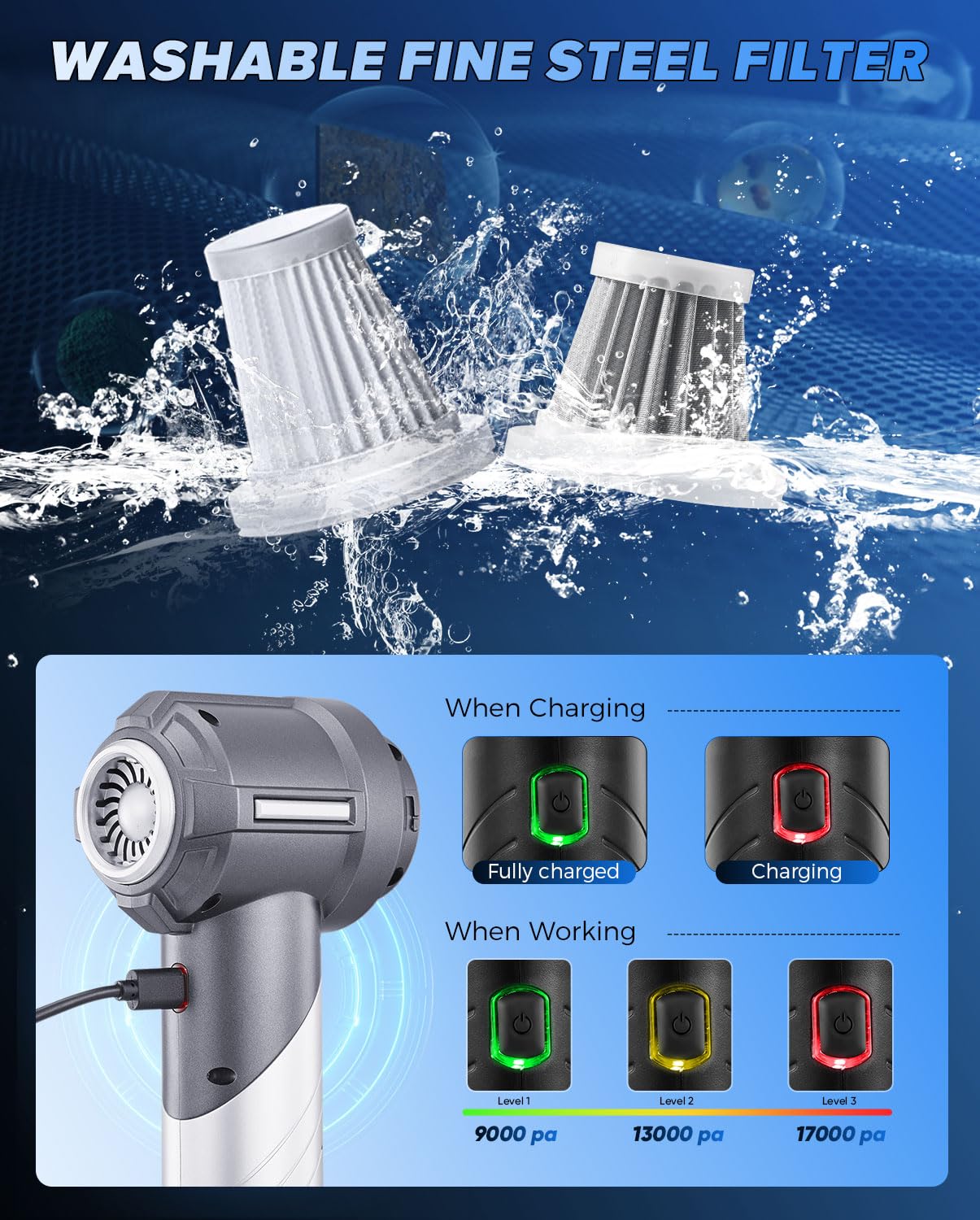 Handheld Car Vacuum Cordless Portable 17000PA Foldable HL133 Silver