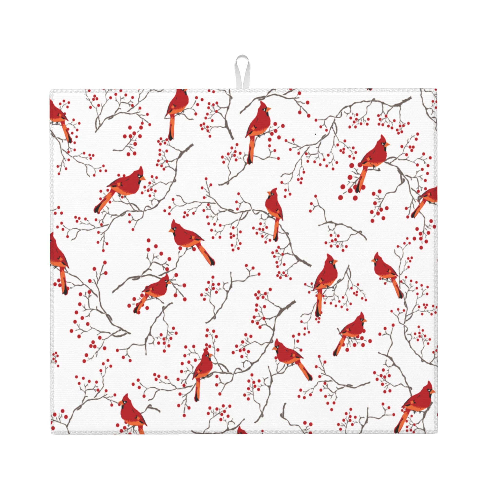 Cardinal Bird Red Berry Decor Kitchen Drying Mat Cute 16x18 Inch