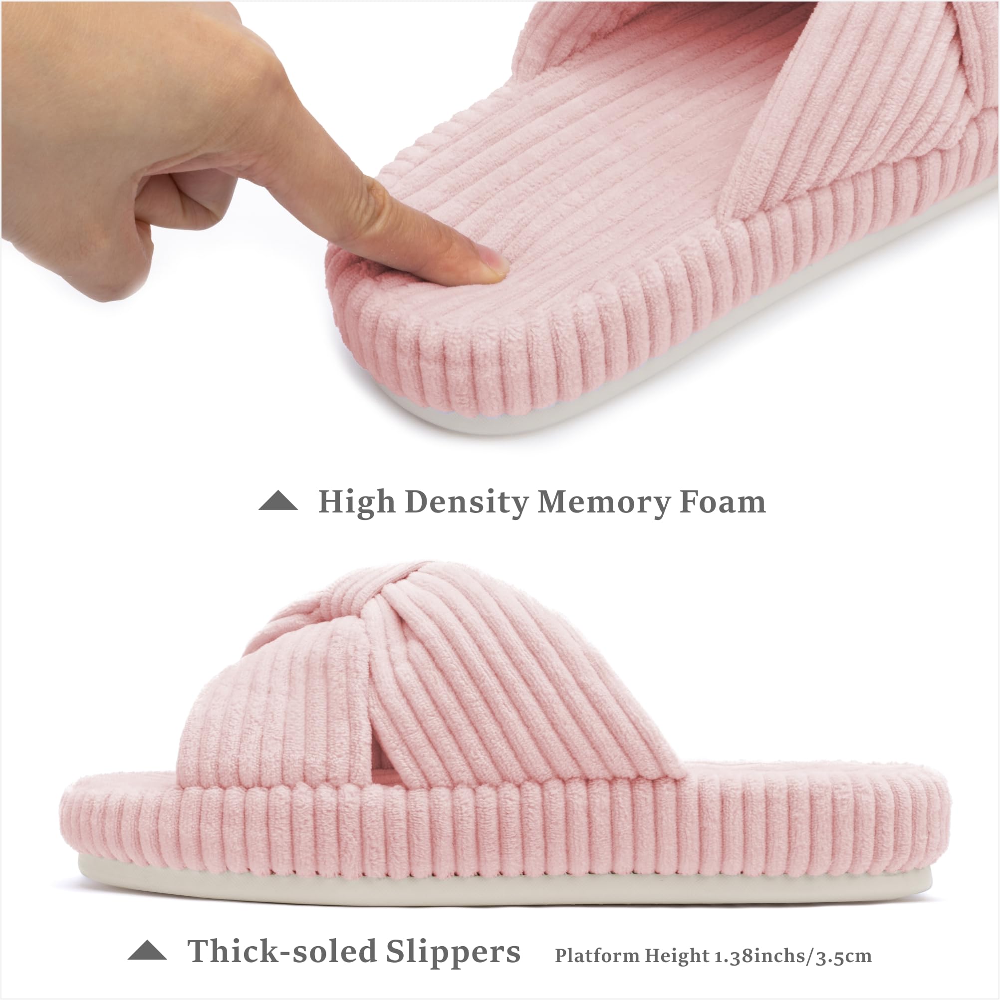Slippers for Women Memory Foam House Bedroom Corduroy Bow Crossbands Slipper Shoes Comfy Trendy Gift Slippers Pink Size 11 12 10.5