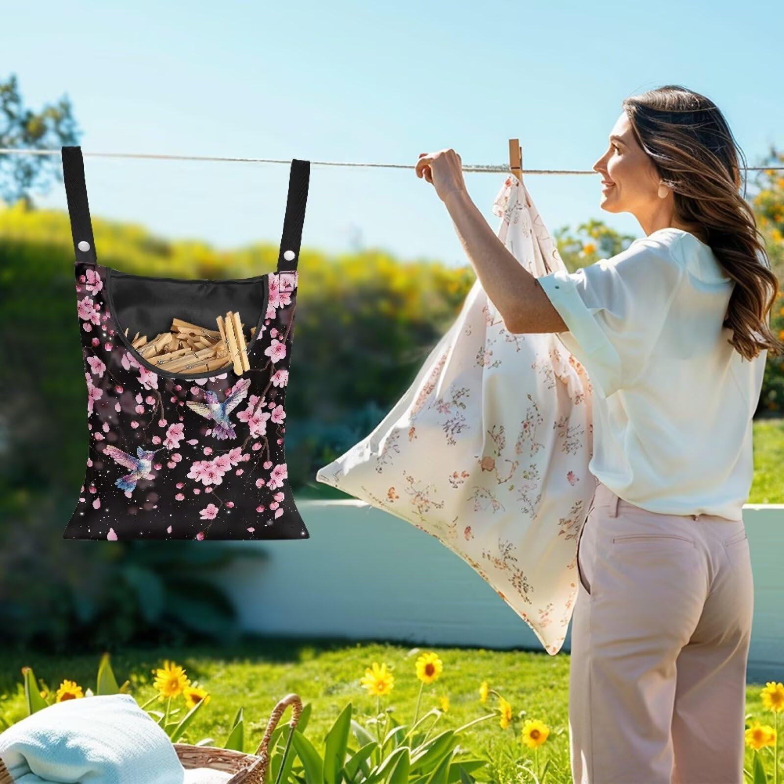Waterproof Clothespin Bag with Hanger Hook Cherry Blossom Hummingbird