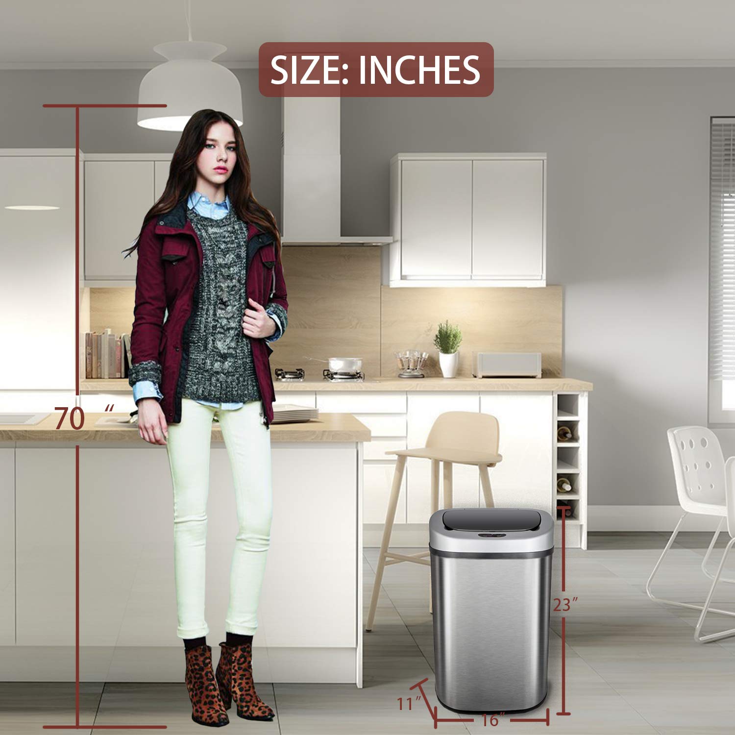 Trash Can Automatic Waste Bin Mute Metal Garbage Can with Lid Stainless Steel 13 Gallon 50 Liter for Kitchen