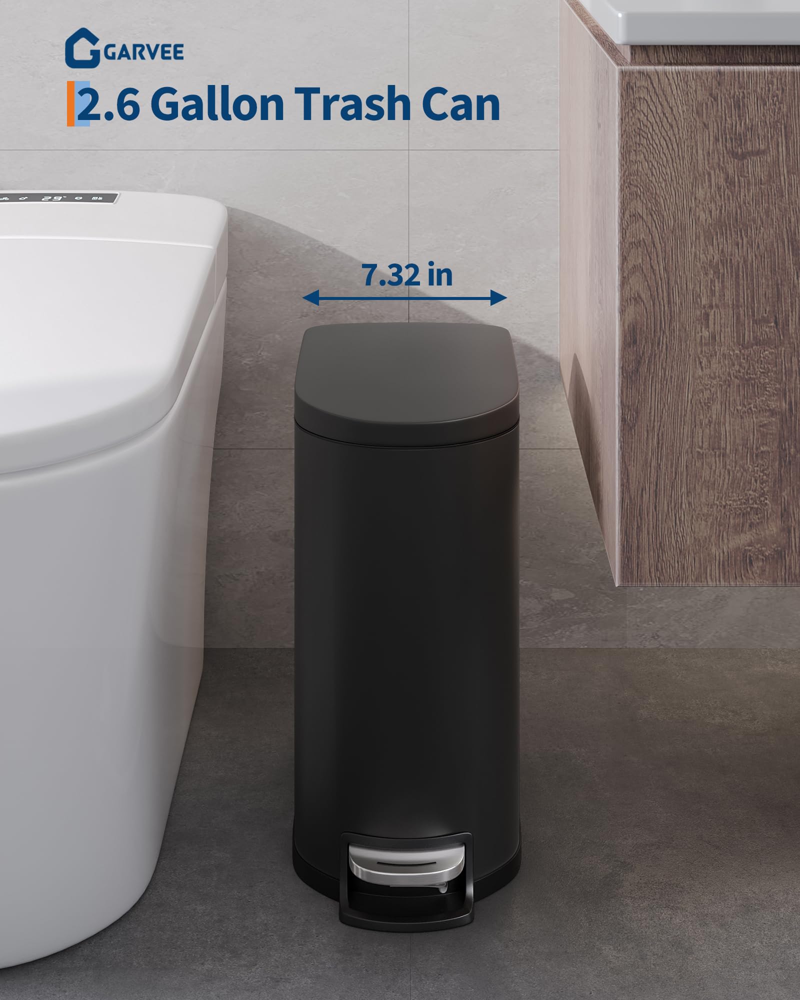 13 gal (50 L) and 2.6 gal (10 L) Metal Trash Can Combo Set, Rustproof Garbage Can with Lid, Step-on Trash Bin with Inner Bucket, Rear Handle, Black