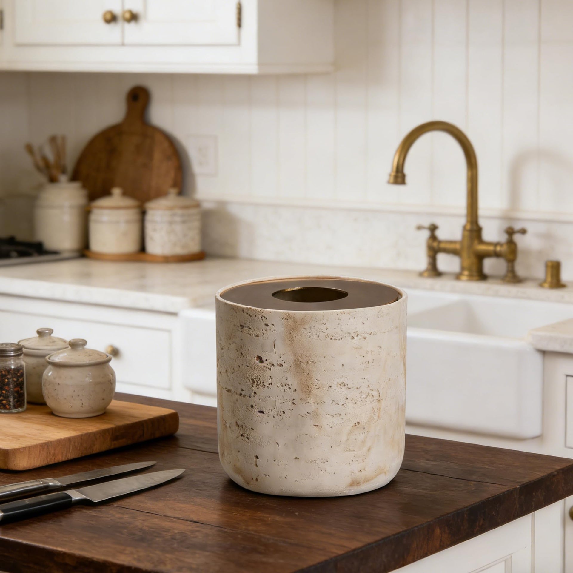 Natural Travertine Textures Mini Trash Can with Rose Gold Stainless Steel Lid