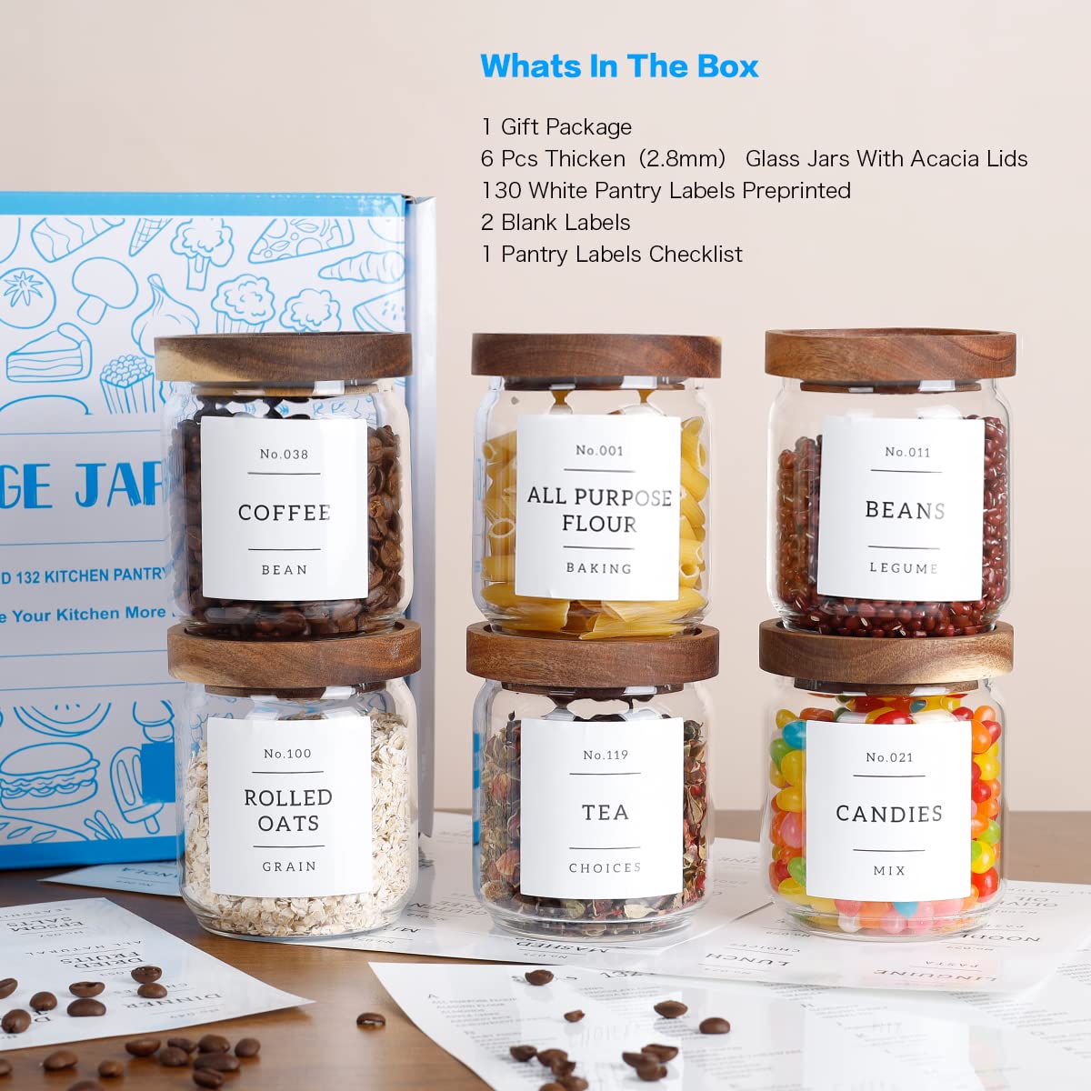 16 OZ Stackable Glass Food Storage Jars with 132 Pantry Labels Preprinted