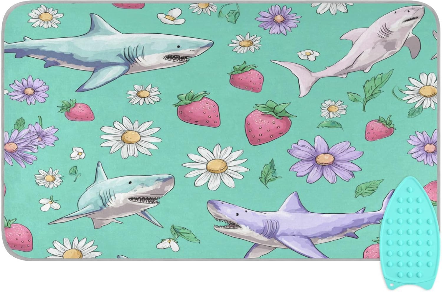 Mint Green Sharks Strawberry and Daisy Ironing Mat for Table top Portable Ironing Pad Blanket for Washer Dryer Countertop Travel