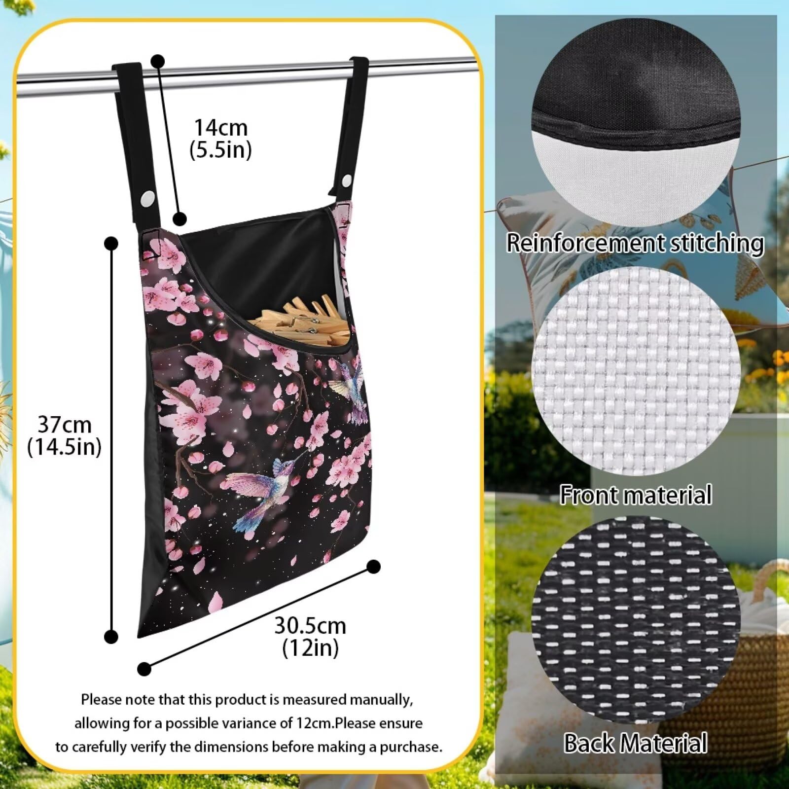 Waterproof Clothespin Bag with Hanger Hook Cherry Blossom Hummingbird