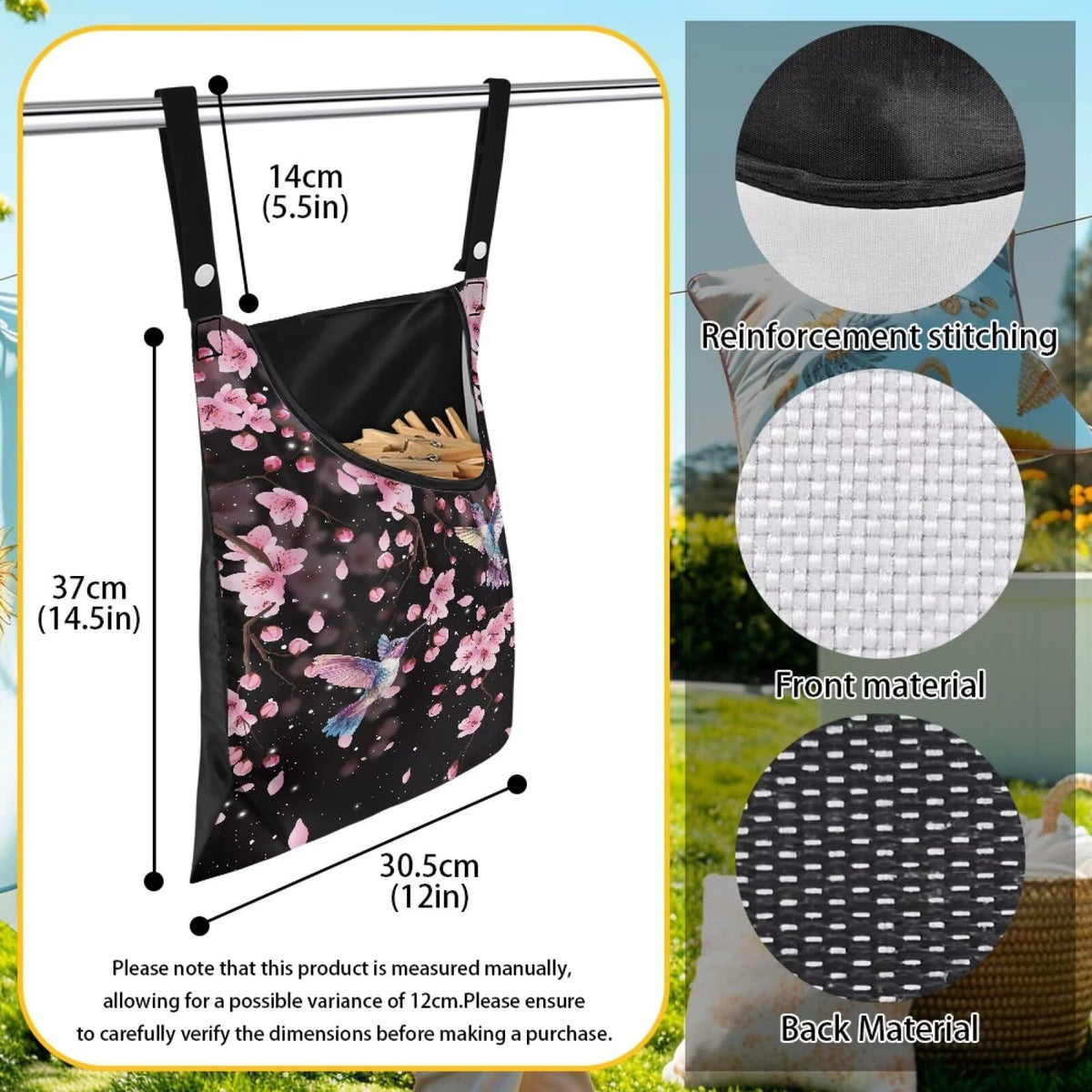 Waterproof Clothespin Bag with Hanger Hook Cherry Blossom Hummingbird