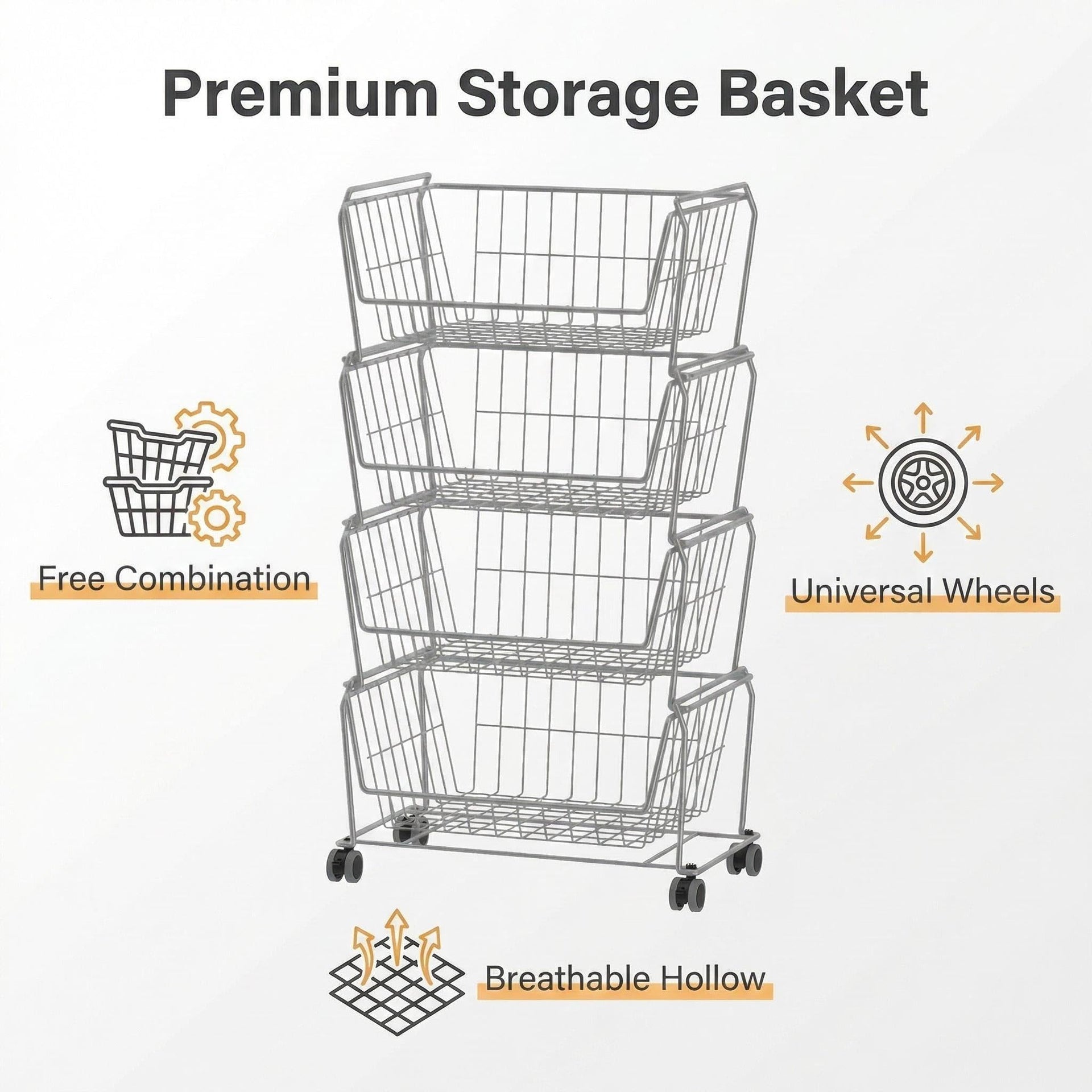 4 Tier Large Stackable Wire Storage Baskets with Wheels (4 Count)