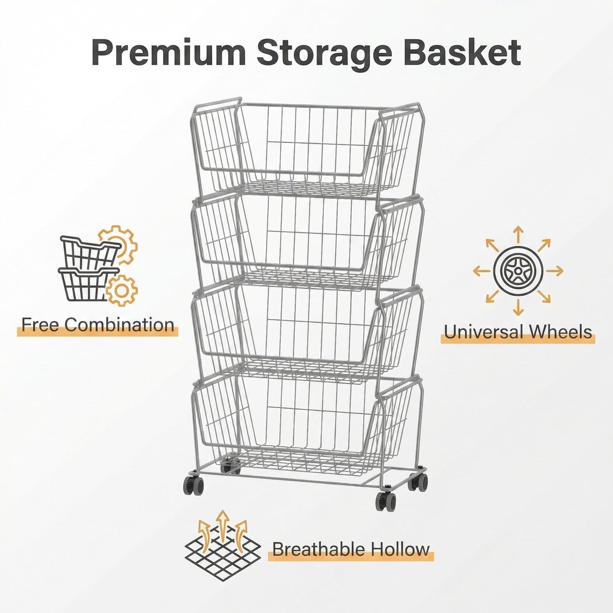 4 Tier Large Stackable Wire Storage Baskets with Wheels (4 Count)