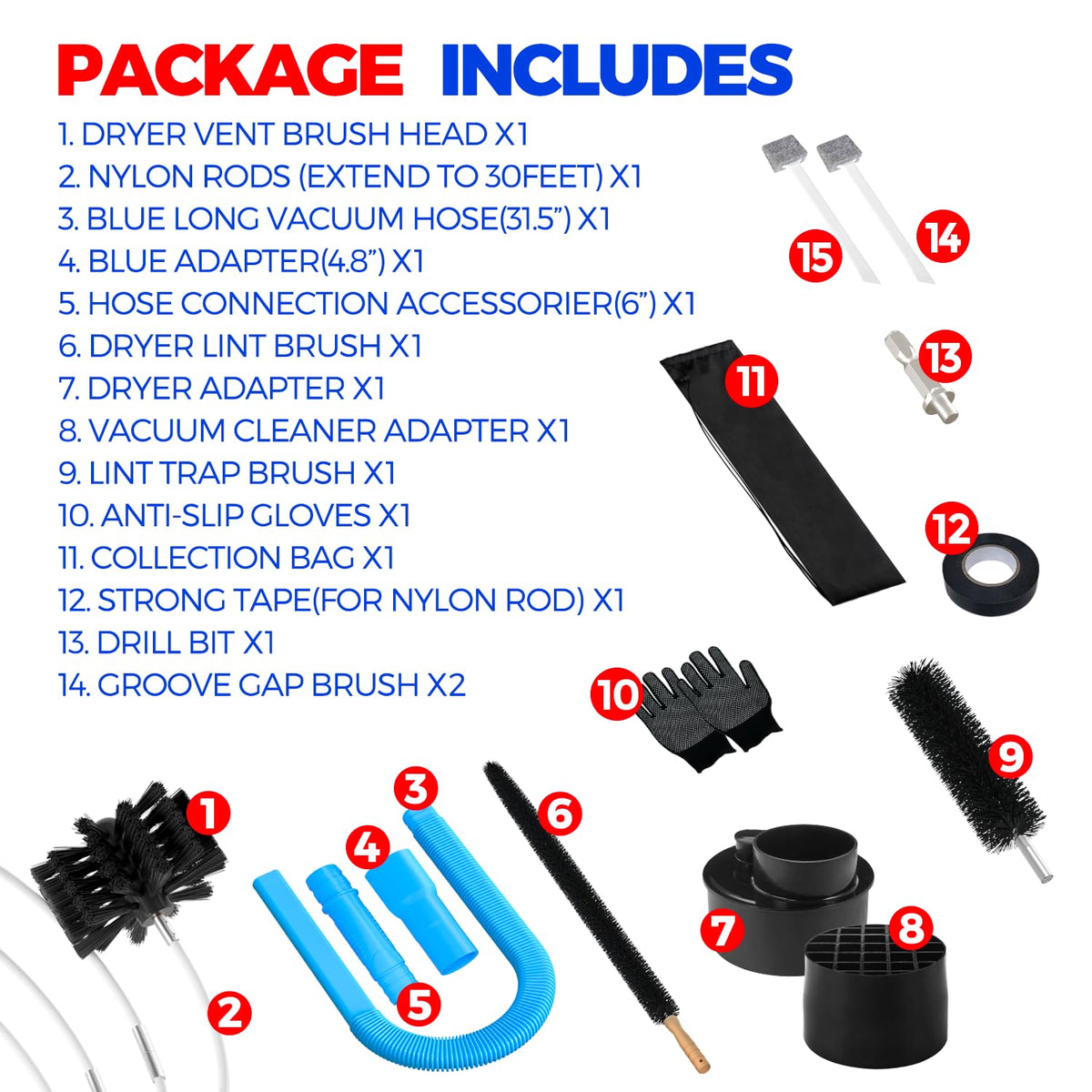 30FT Dryer Vent Cleaner Kit 15Pcs