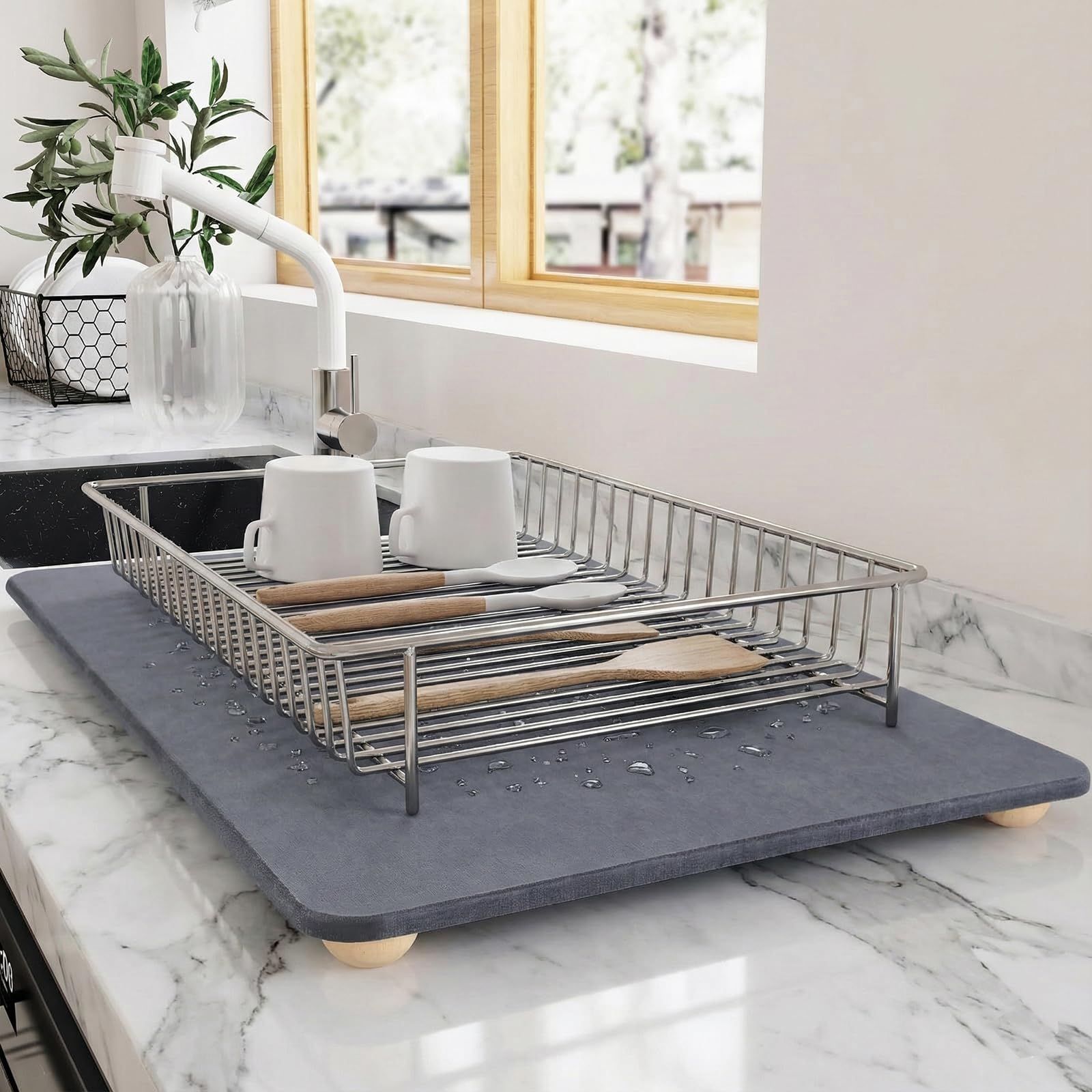 Stone Drying Mat for Kitchen Counter with 5 Wooden Feet