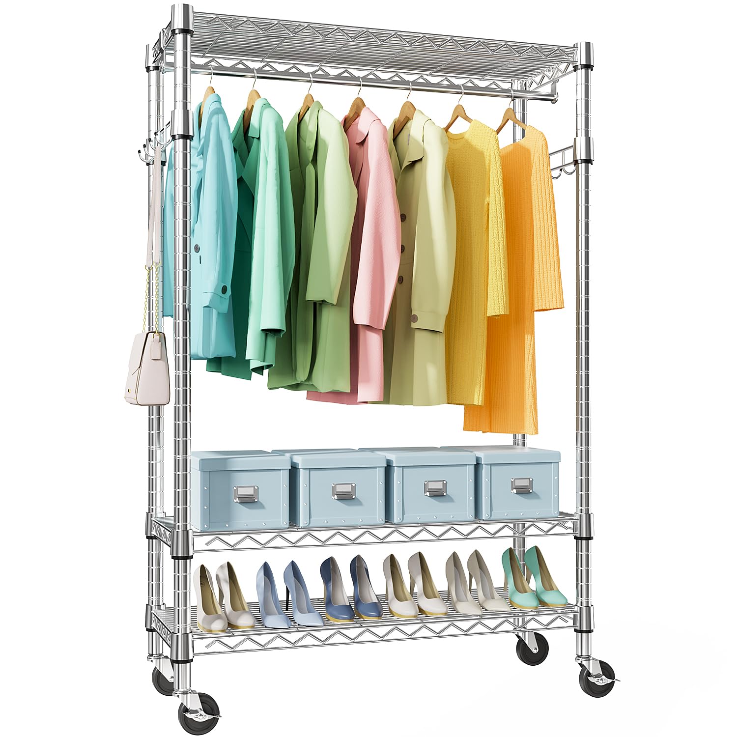 Heavy Duty Rolling Garment Rack 3 Tiers Adjustable Wire Shelving Clothes Rack with Rods and Side Hooks