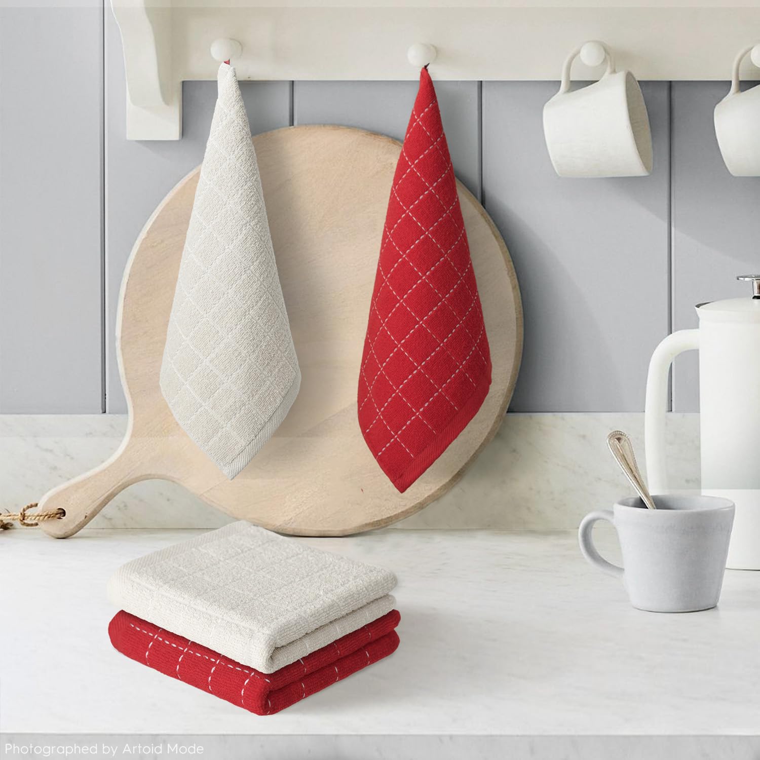 Checkered Designed Cotton Beige Red Terry Kitchen Dish Cloths (6 Count)