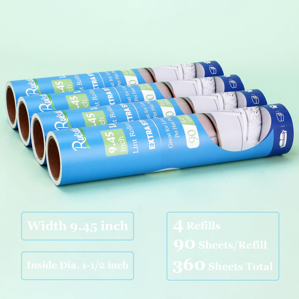 9.45 inch Lint Roller Refills for Large Long Handle Lint Rollers for Carpet 9.45'' Extra Sticky Floor Lint Roller 4 Pack of Refills Only