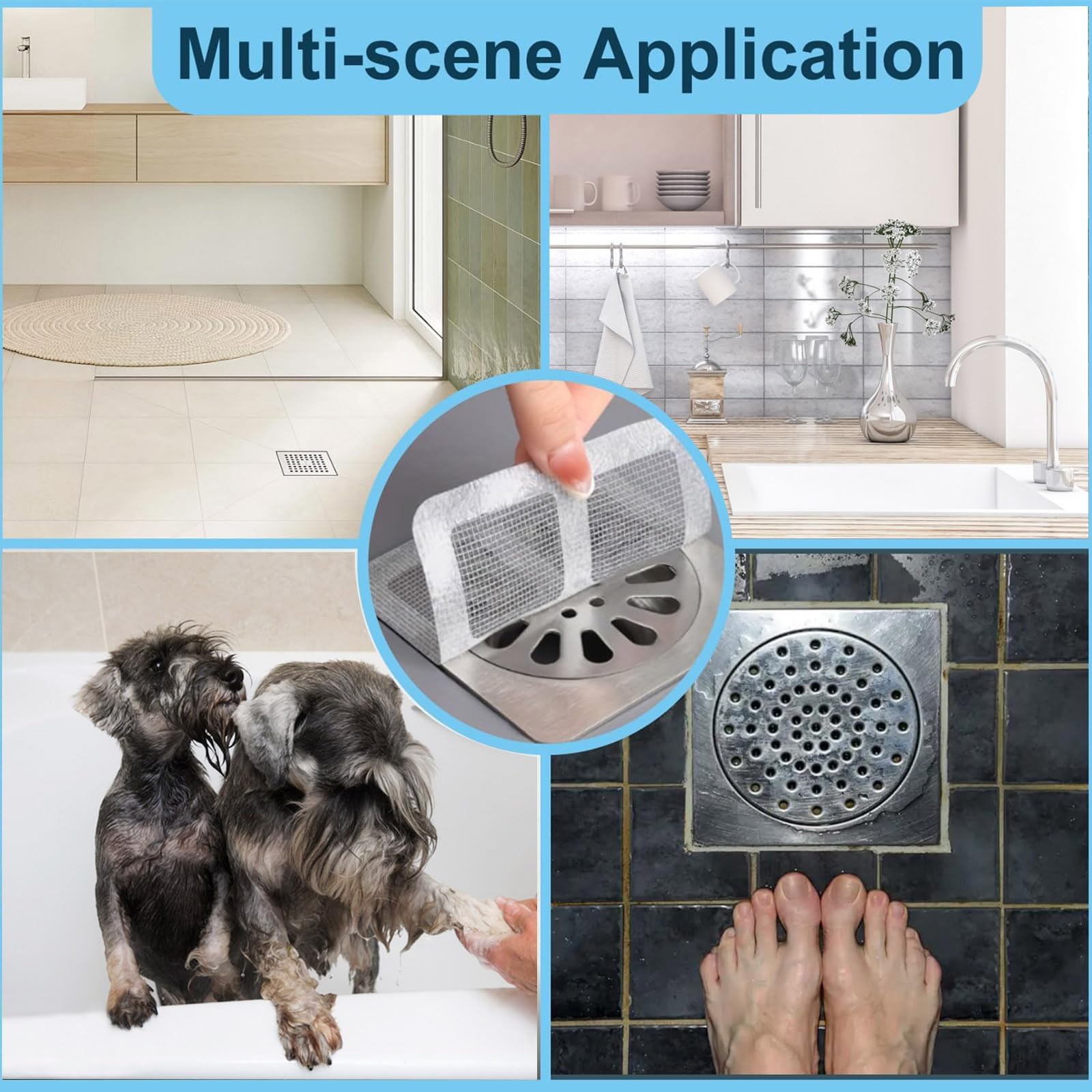 30pcs Disposable Shower Drain Hair Catcher Screen Sticker 4" X 4" Square Floor Drain Strainer Mesh Filter Cover for Bathroom Laundry Tub Bathtub Sink for Human Pet Sewer Bulk Blocking (30 Count)
