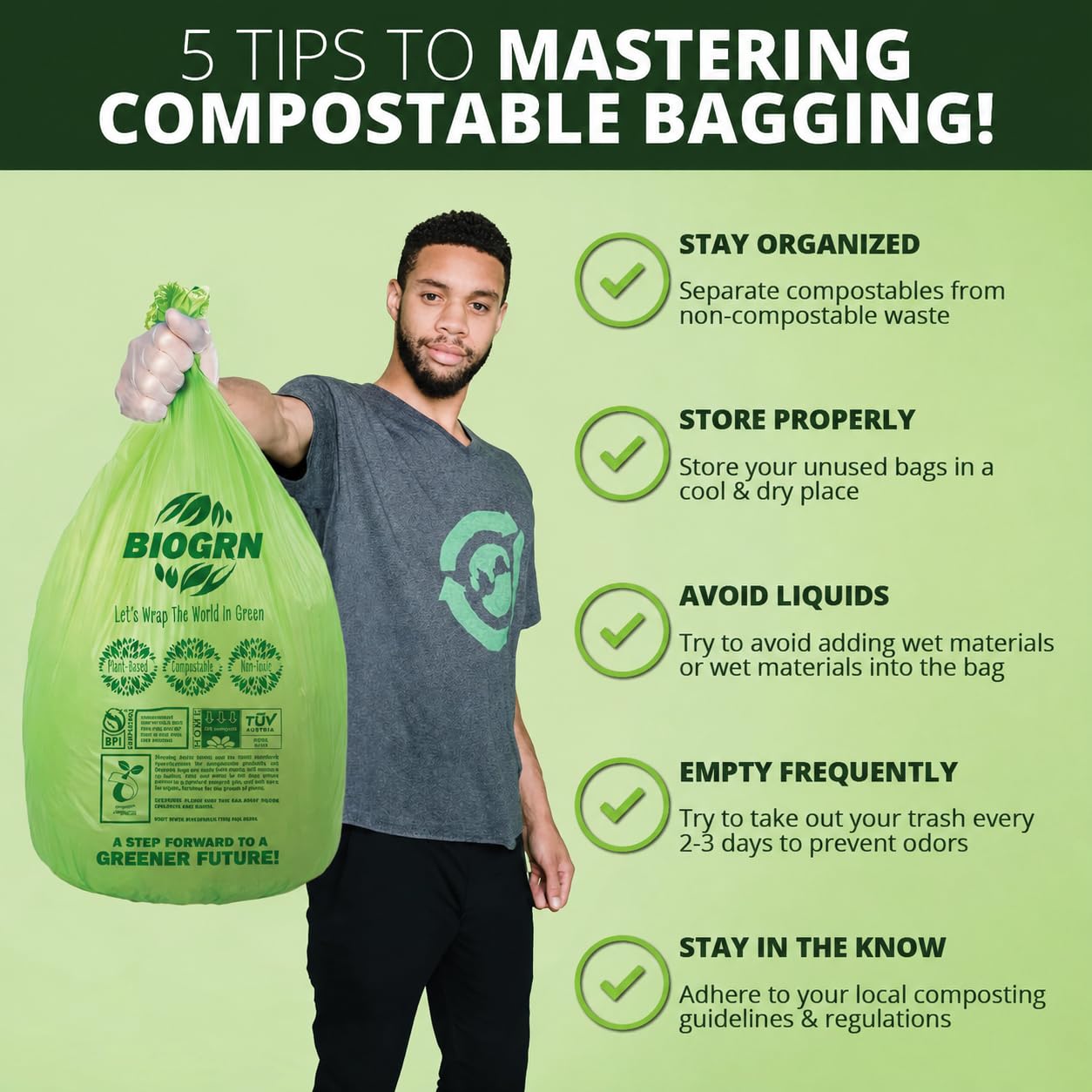 10 13 Gallon Compostable Trash Bags with Flat (50 Count)