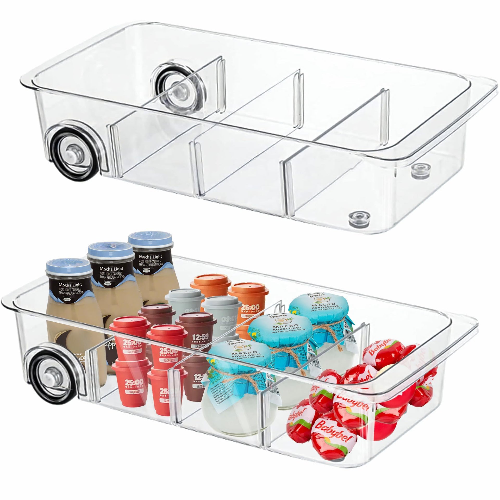 2Pack Roll Out Fridge Caddy Bins Pull Out Drawer with Wheels Refrigerator Organizer Bins with Handles Divided Fruit Caddy for Fridge Pantry Cabinet Storage Cans Drinks