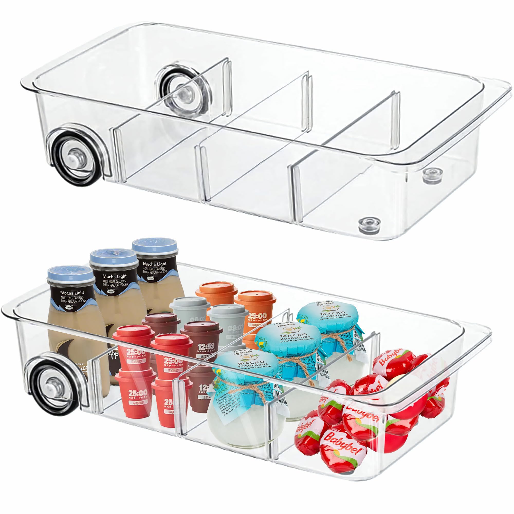 2Pack Roll Out Fridge Caddy Bins Pull Out Drawer with Wheels Refrigerator Organizer Bins with Handles Divided Fruit Caddy for Fridge Pantry Cabinet Storage Cans Drinks