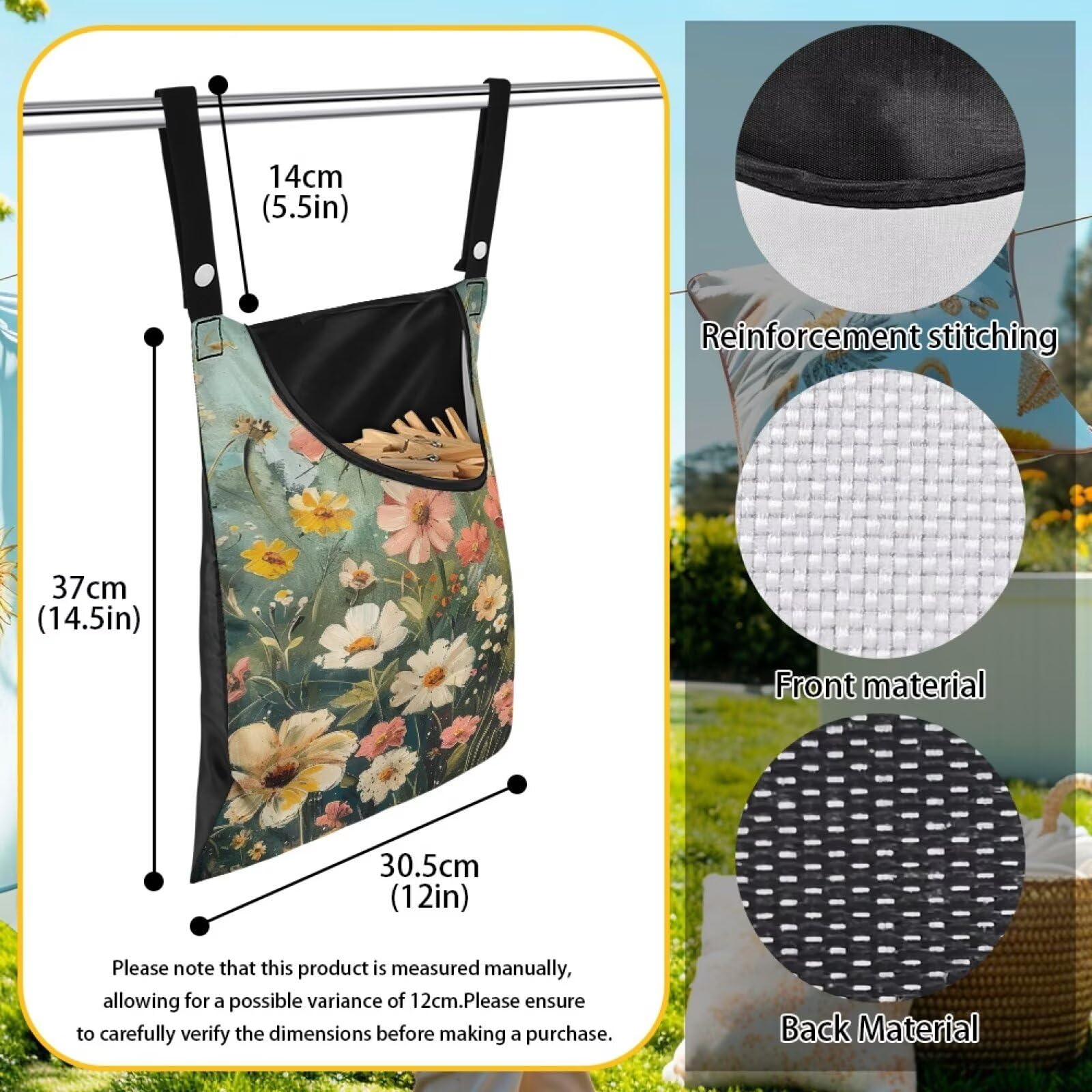 Wild Daisy Waterproof Clothespin Bag with Hanging Hook