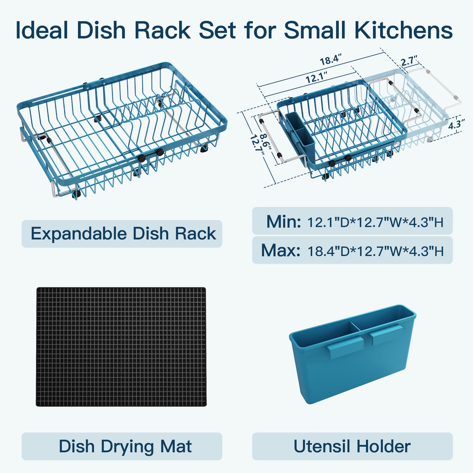 Blue Dish Drying Rack Over The Sink with Utensil Holder