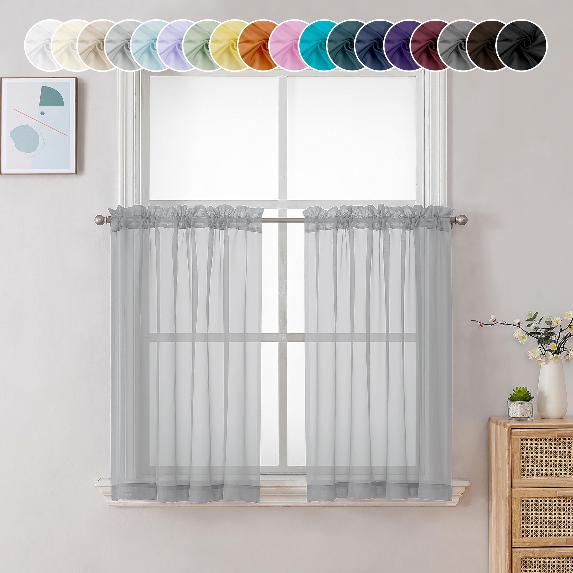 Sheer Light Grey Tier Curtains 24 Inch Length (2 Count)