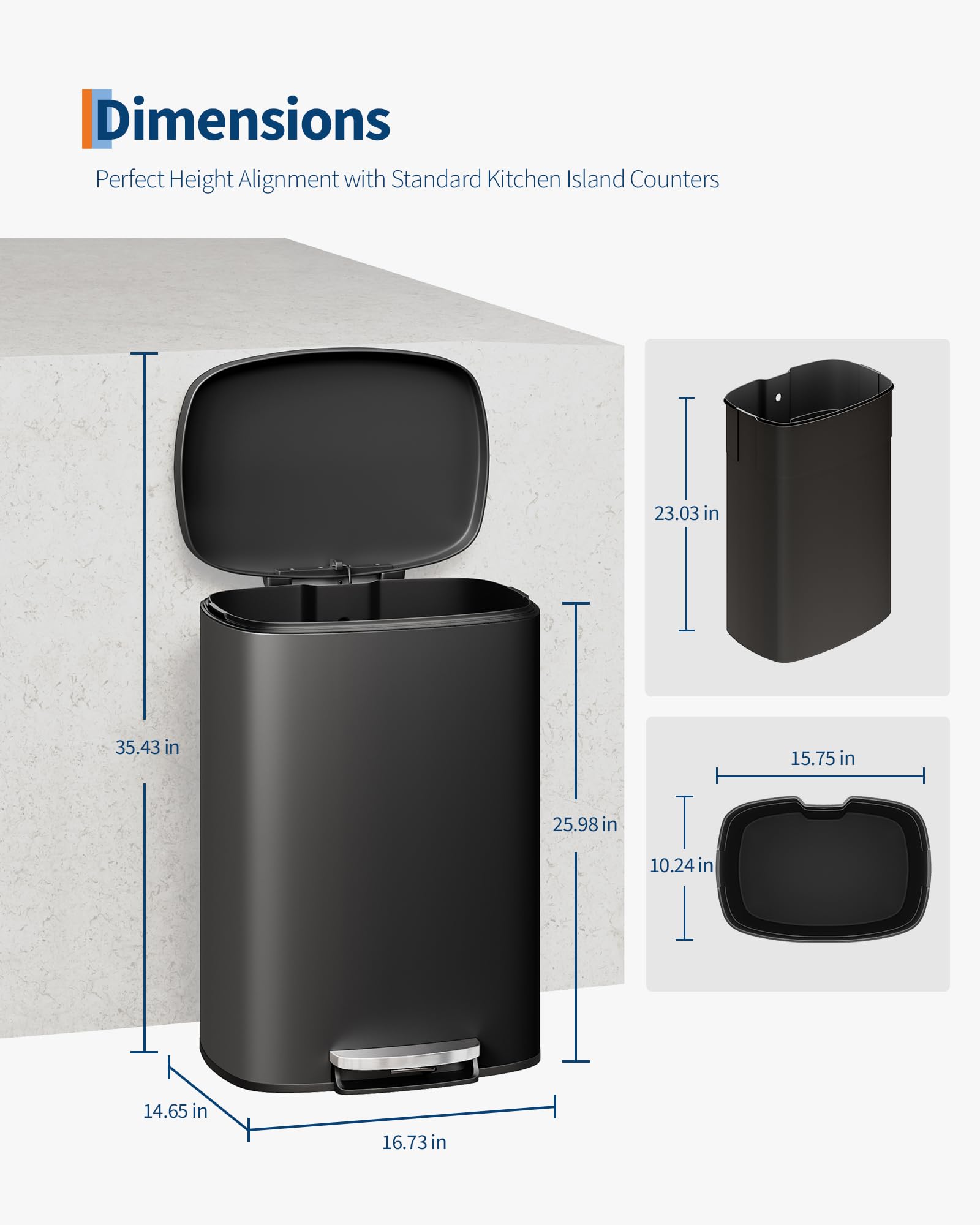 13 gal (50 L) and 2.6 gal (10 L) Metal Trash Can Combo Set, Rustproof Garbage Can with Lid, Step-on Trash Bin with Inner Bucket, Rear Handle, Black