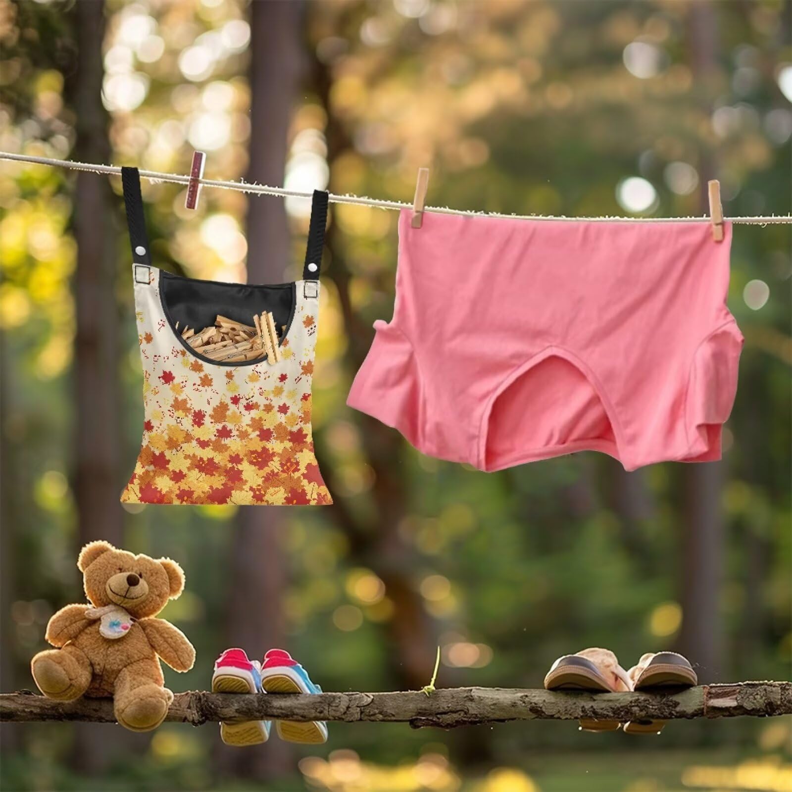 Maple Leaf Print Clothespin Bag Clothespin Bag for Clothesline Outdoor Clothespins Storage with Hanger Hook Waterproof Clothespins Bags Hanging for Indoor Outdoor