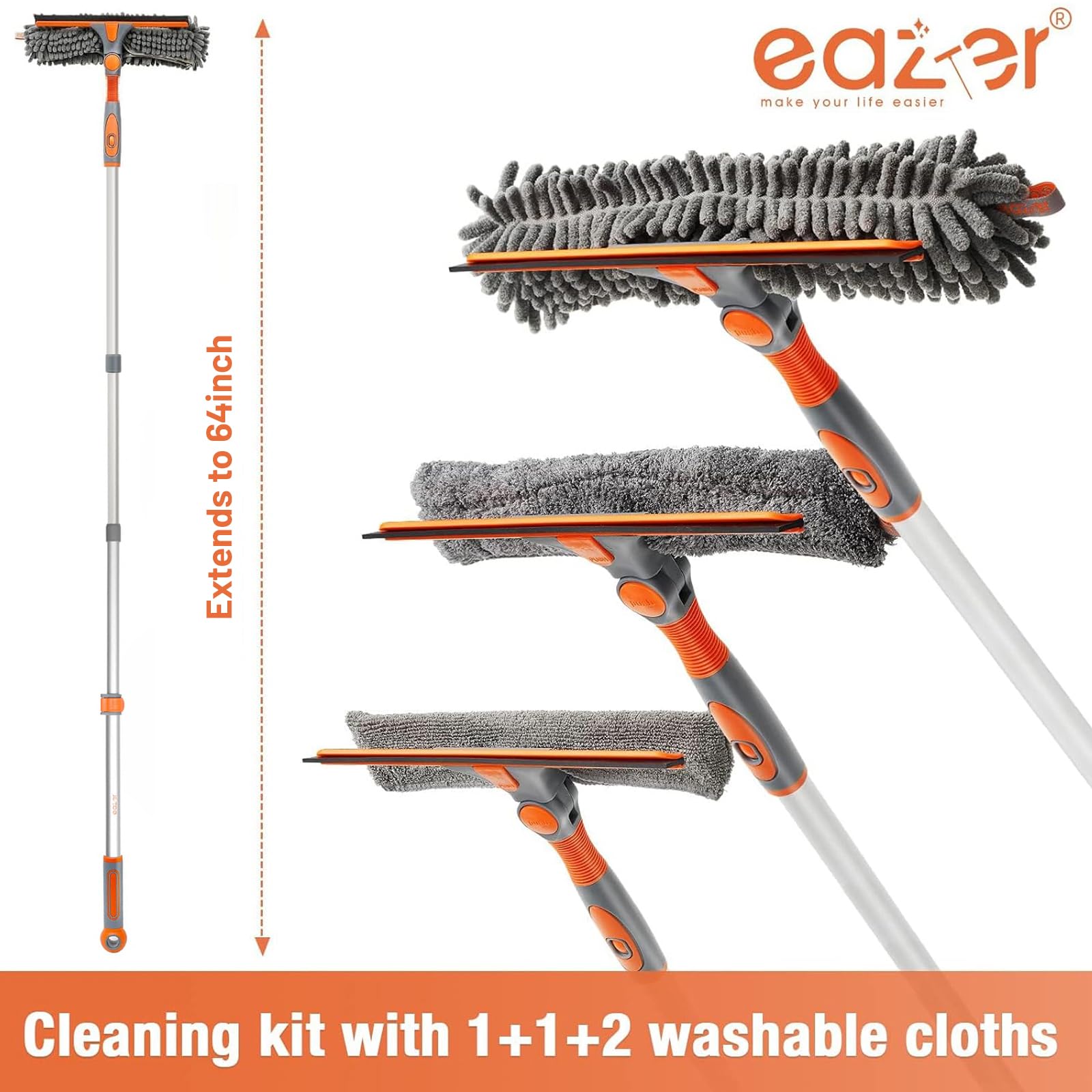 2-in-1 Window Cleaner Tool, 64'' Window Squeegee for Home, Window Cleaning Squeegee Kit with Telescopic Pole, Window Washing Kit with Rotatable Bendable Head(Threaded + Telescopic) - EAW01