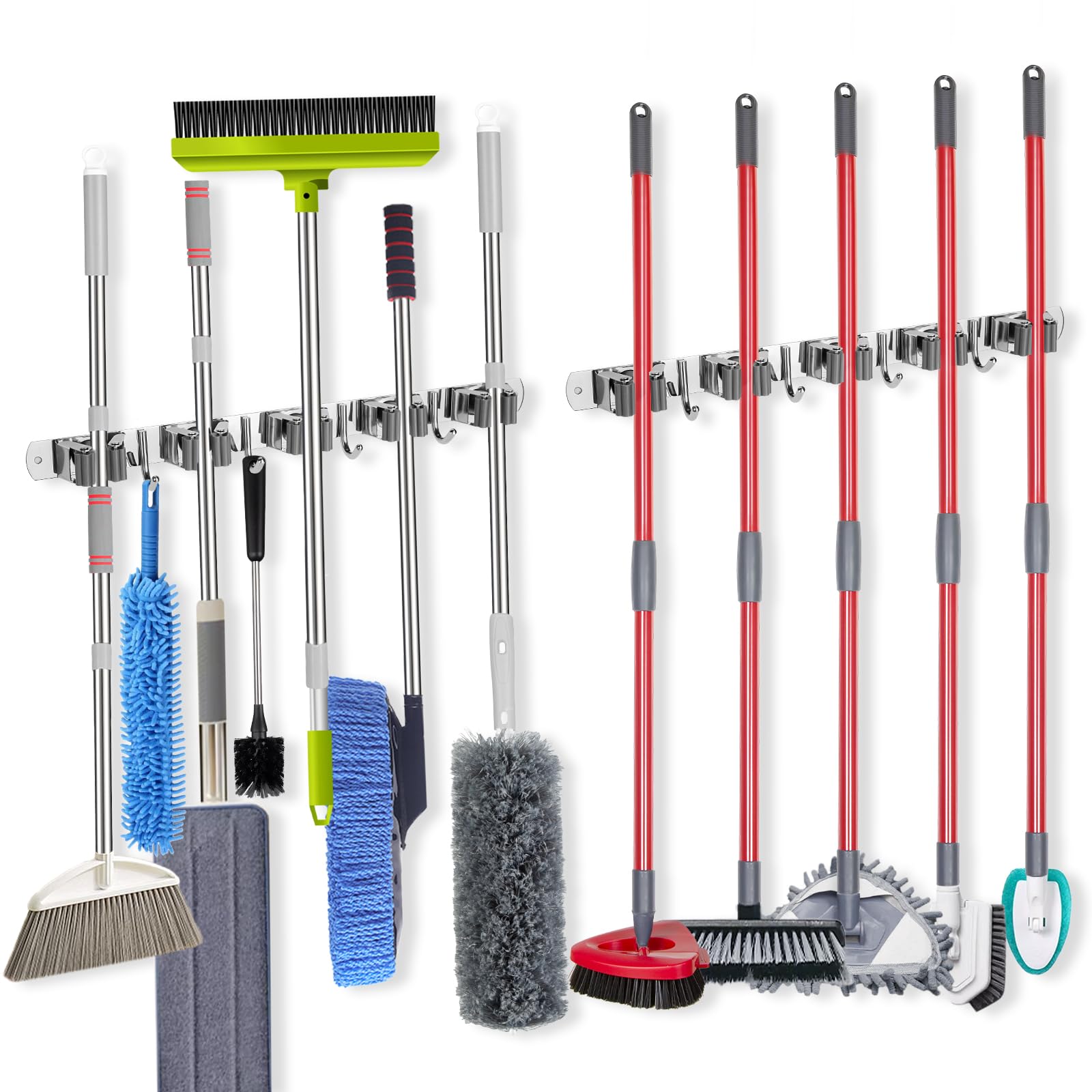 2 Pack] 5 Racks and 4 Hooks Mop and Broom Holder Wall Mount (2 Count)