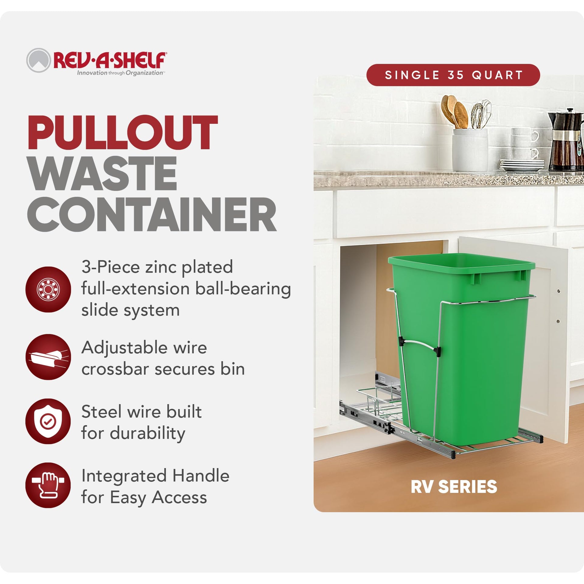 Pullout Trash Can for Kitchen Cabinets 35 Qt Garbage Waste Recycling Bin with Full Extension Slides
