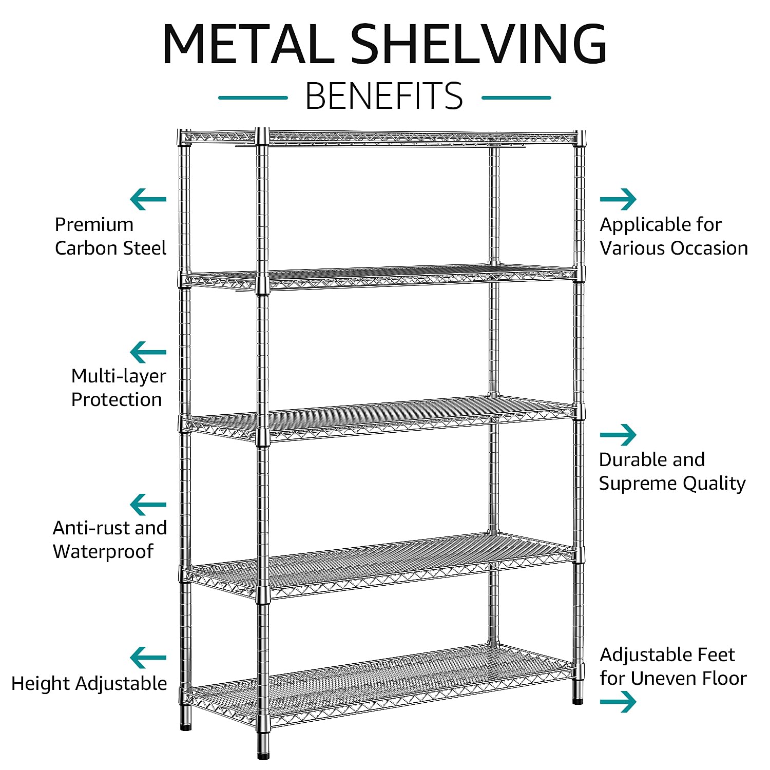 4250 LBS Garage Shelving Wide Storage Shelves 5 Tier Metal Shelves Heavy Duty Adjustable Utility Shelf Rack Chrome 17.7" D x 47.2" W x 70.4" H (5 Count)