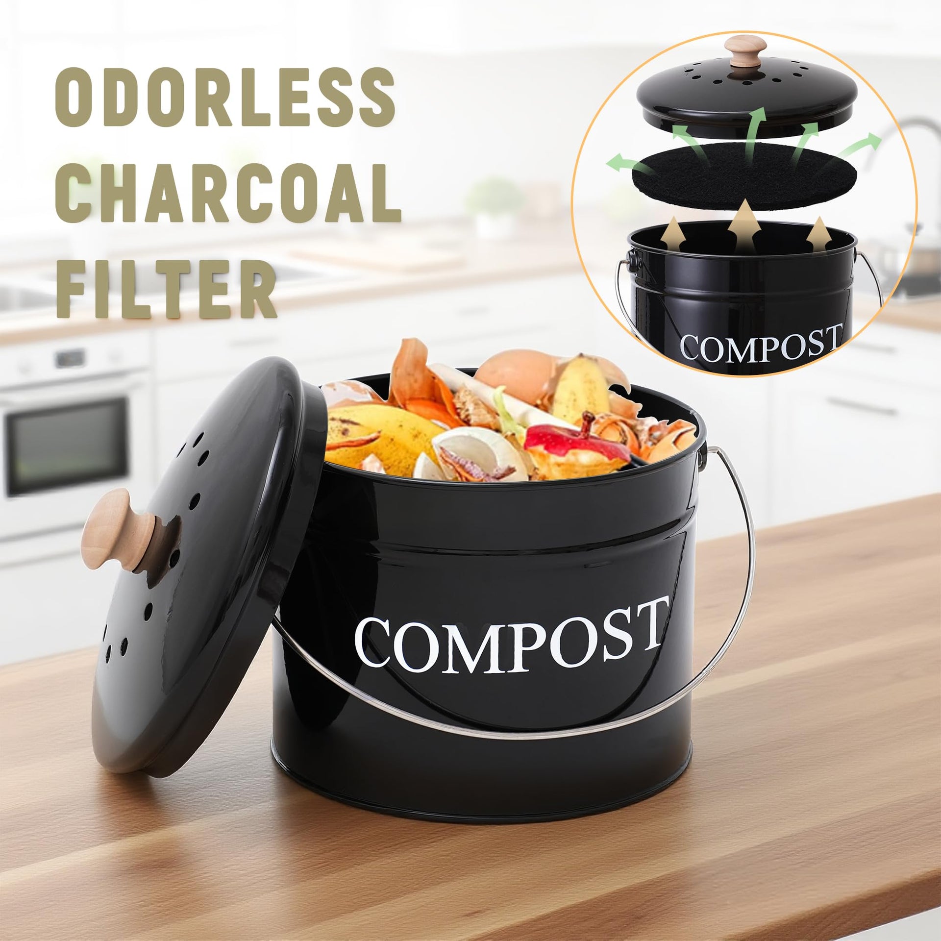 Compost Bin 1 Gallon Countertop Composter with Lid and Charcoal Filters