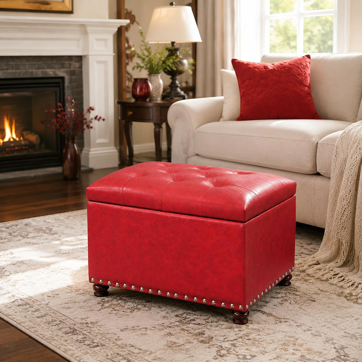 24'' Leather Storage Ottoman Rectangular Foot Rest Stool with Nailhead Trim for Bedroom Living Room