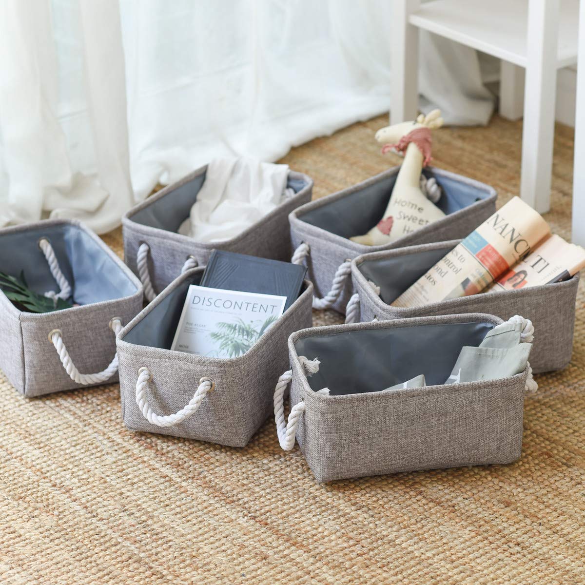 Foldable Small Storage Baskets with Strong Cotton Rope Handles [6 (6 Count)