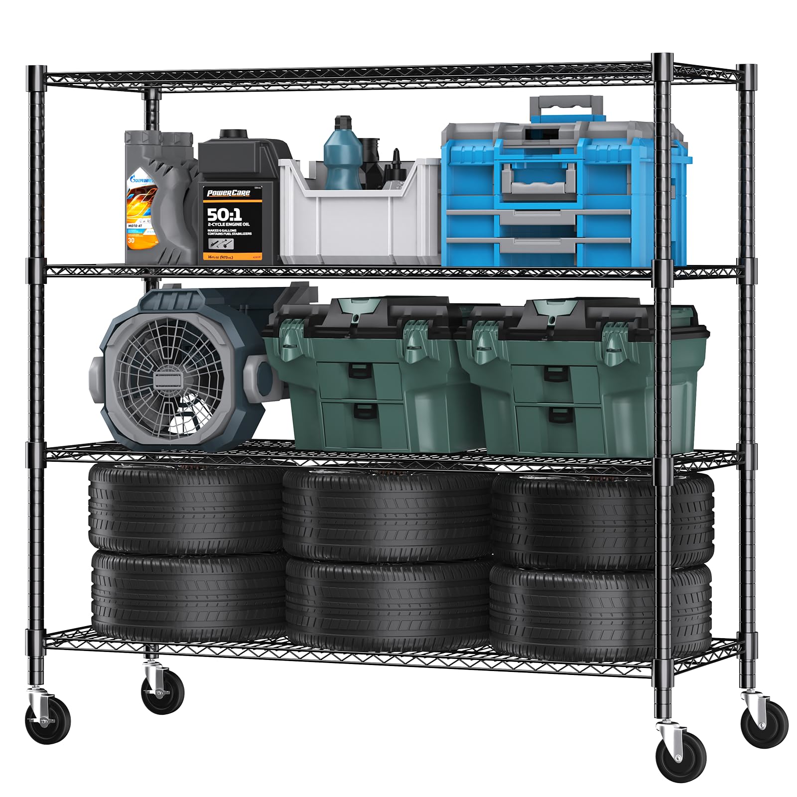 72" H Storage Shelves 4 Tier Metal Shelving Adjustable Wire Shelf with Wheels