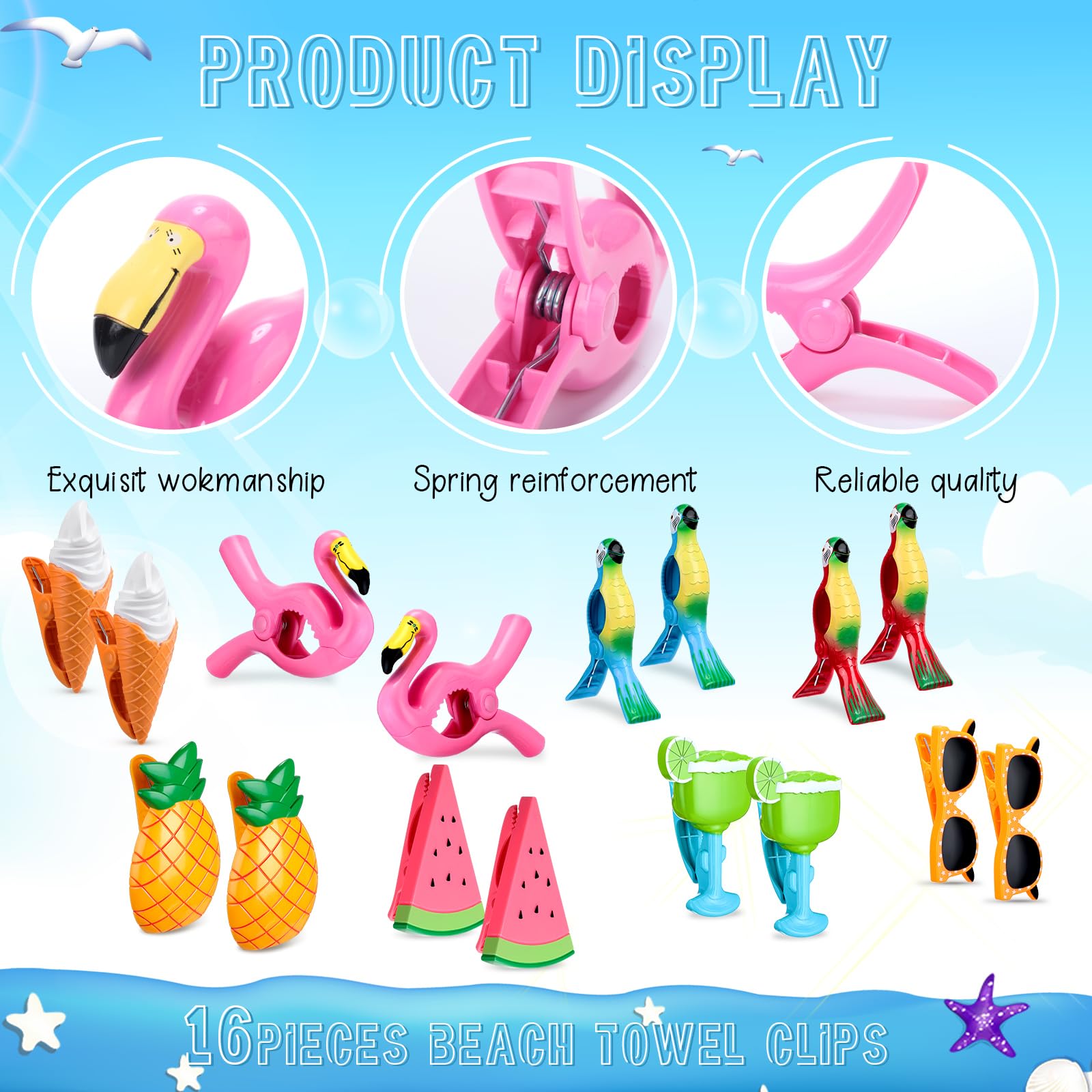 16 Pcs Beach Towel Clips for Beach Chairs Cute Towel Holder Cruise Clothes Pins for Lounge Chair Patio Pool (16 Count)