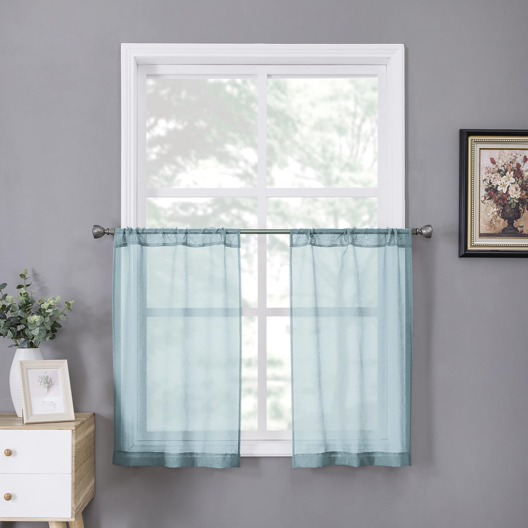 Sheer Tier Curtains Kitchen Linen Textured Half Curtain Sheers Light Filtering Rod Pocket Voile Bathroom Short Curtains for Farmhouse (2 Count)
