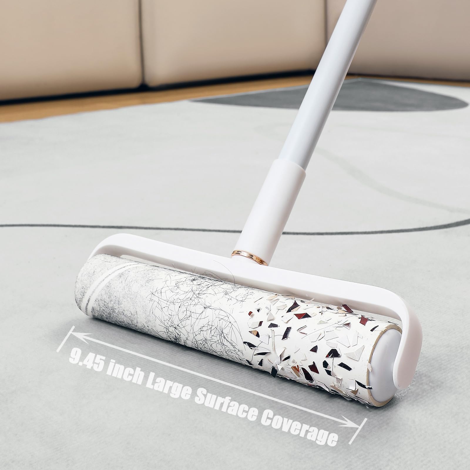 Floor Lint Roller Long Handle with Cover and 2 Refills for Pet Hair Extra Sticky Large 9.45 inch Lint Remover for Carpet Bedding Couch (180 Count)