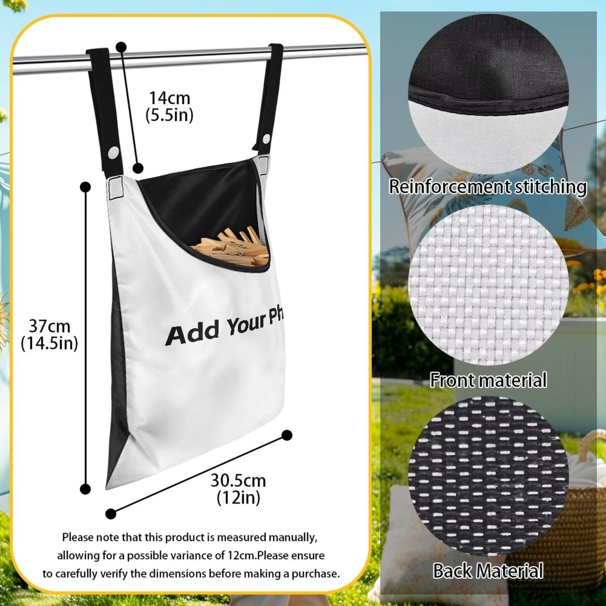 Custom Clothespin Bag Add Your Photo & Pet Photo Design with Picture Text Photo Custom Clothespin Storage with Hanger Hook Custom Clothespin Bag with Large Opening