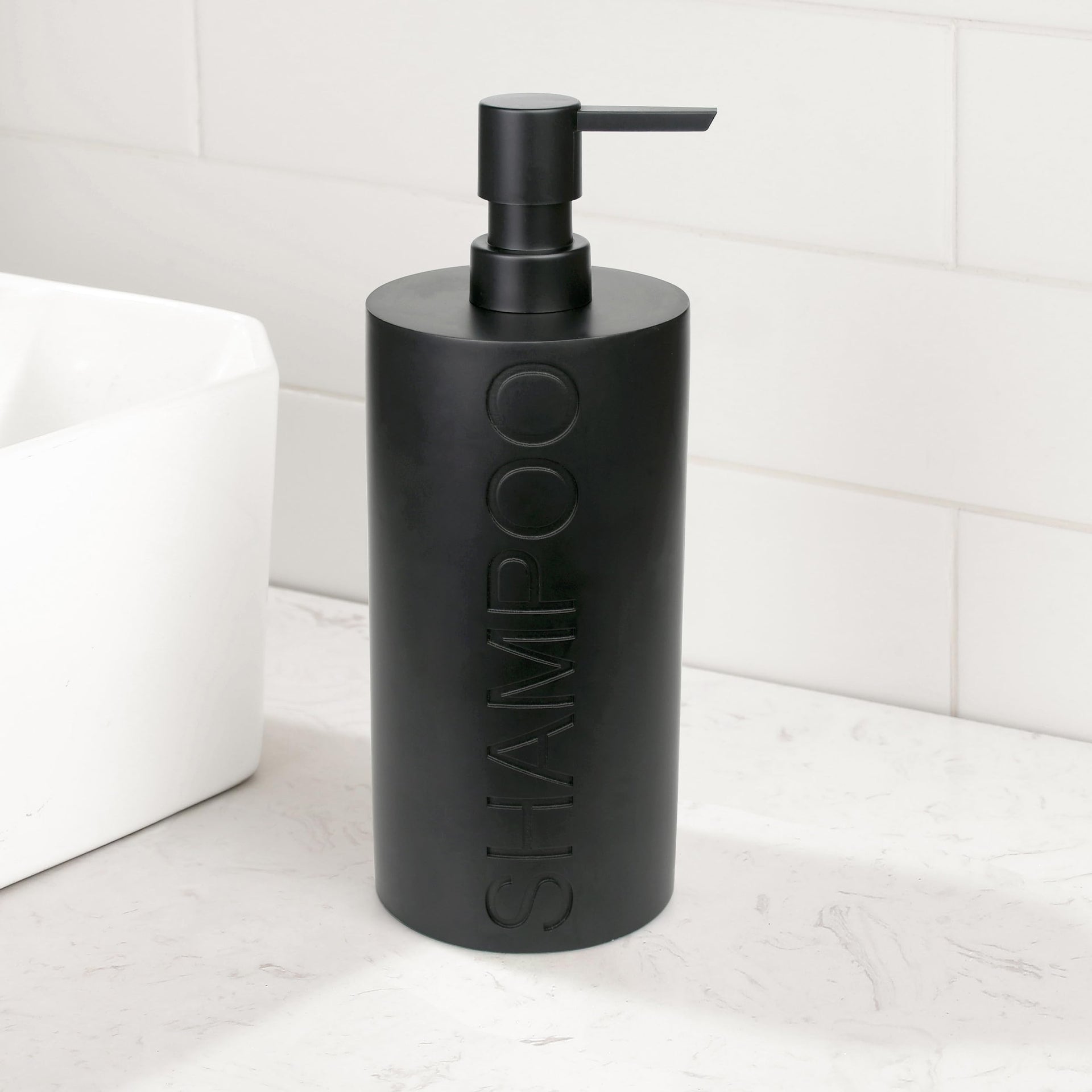 Matte Black Shampoo Dispenser Modern Refillable Pump Bottle with Embossed Text