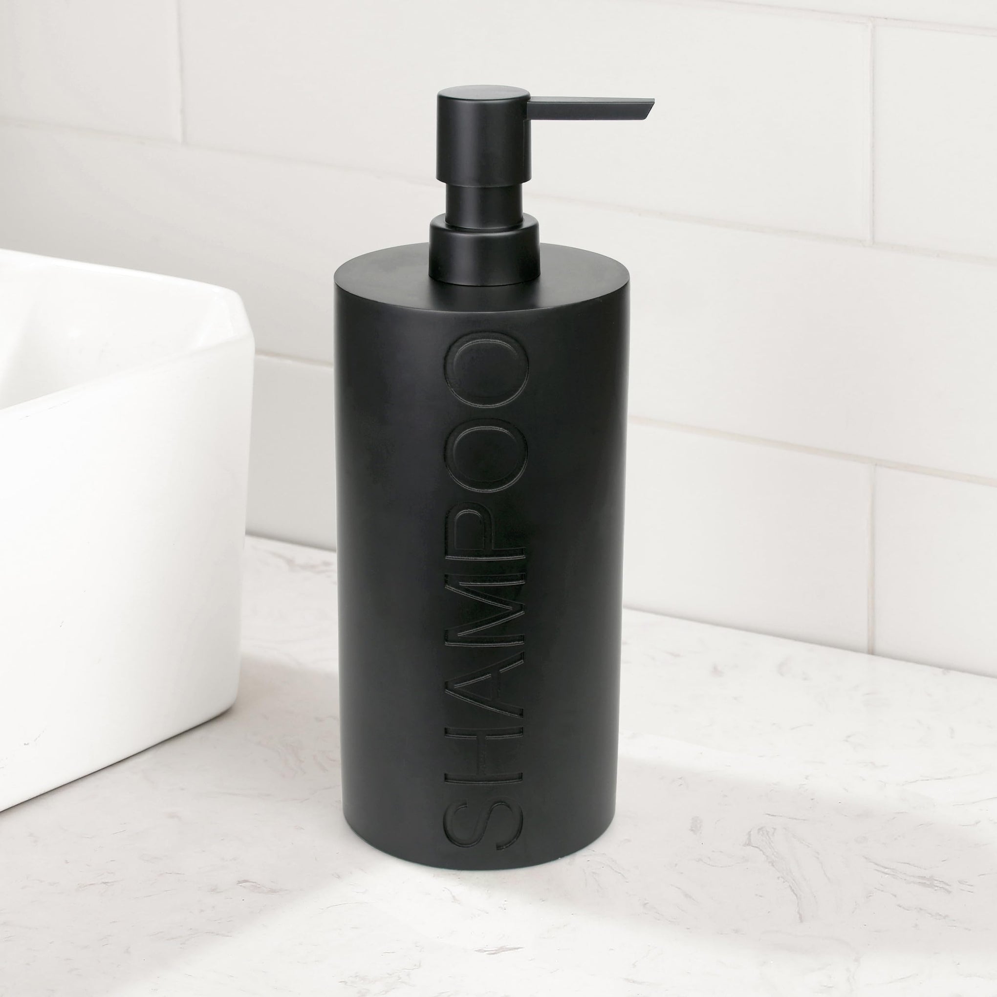 Matte Black Shampoo Dispenser Modern Refillable Pump Bottle with Embossed Text