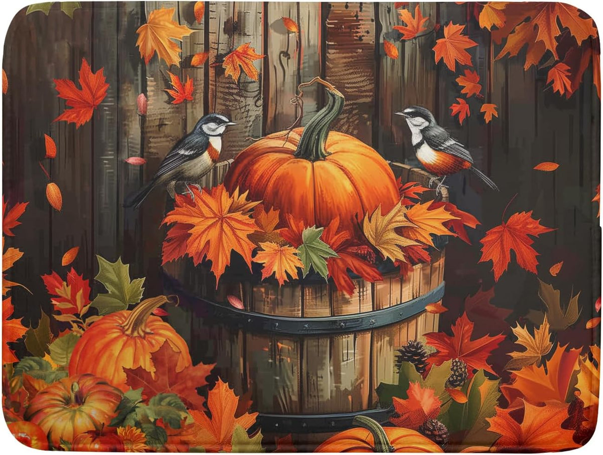 Fall Pumpkin Dish Drying Mat for Kitchen Counter 18x24 Inch Autumn Maple Leaves Microfiber Drying Mats Absorbent Reversible Thanksgiving Day Dish Pad Autumn Orange Dish Mats for Drying Kitchen Decor