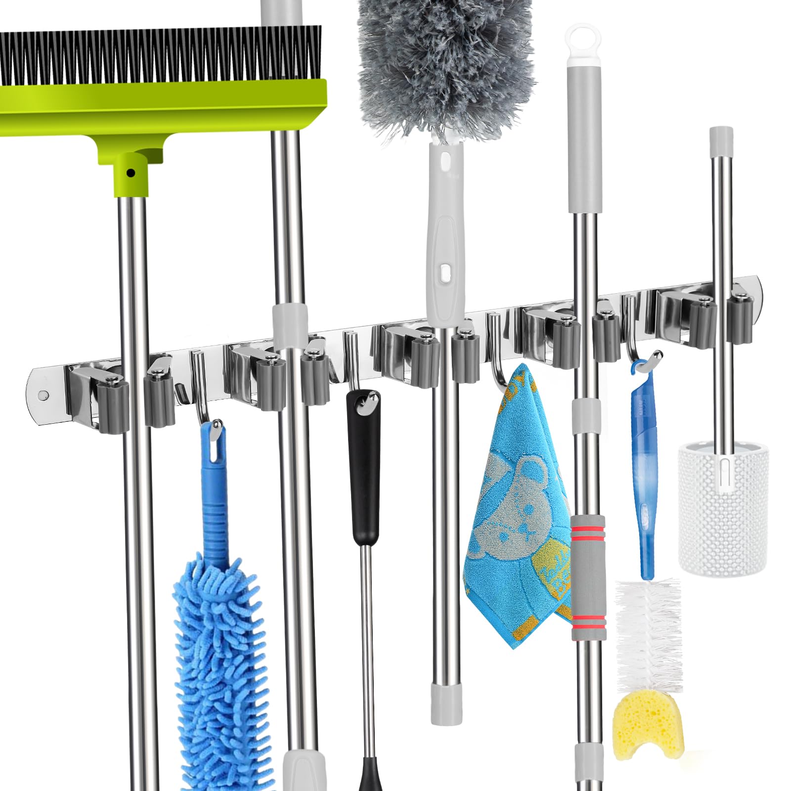 2 Pack] 5 Racks and 4 Hooks Mop and Broom Holder Wall Mount (2 Count)