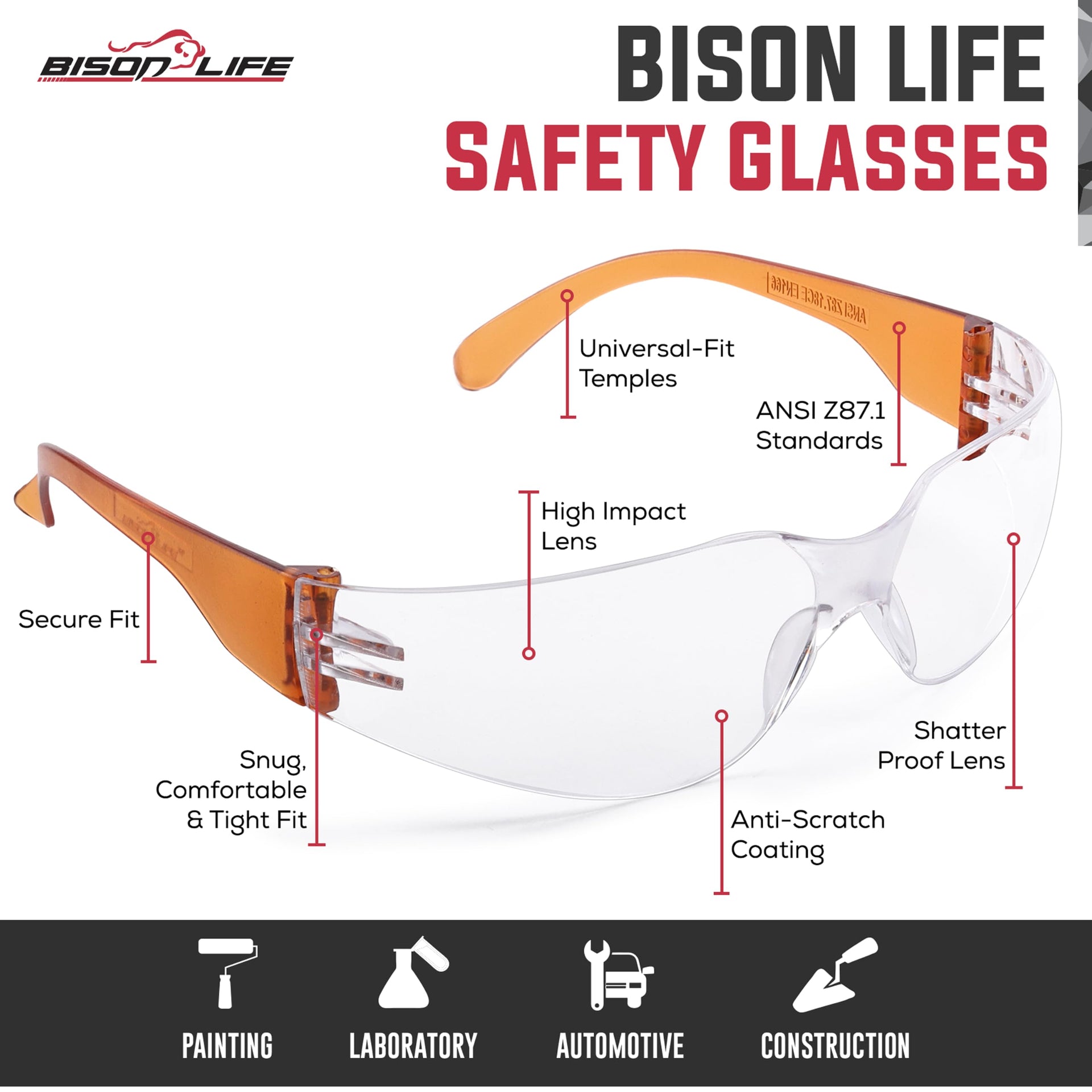 Clear Lens Orange Temple Safety Glasses Bulk 6 Pack (6 Count)