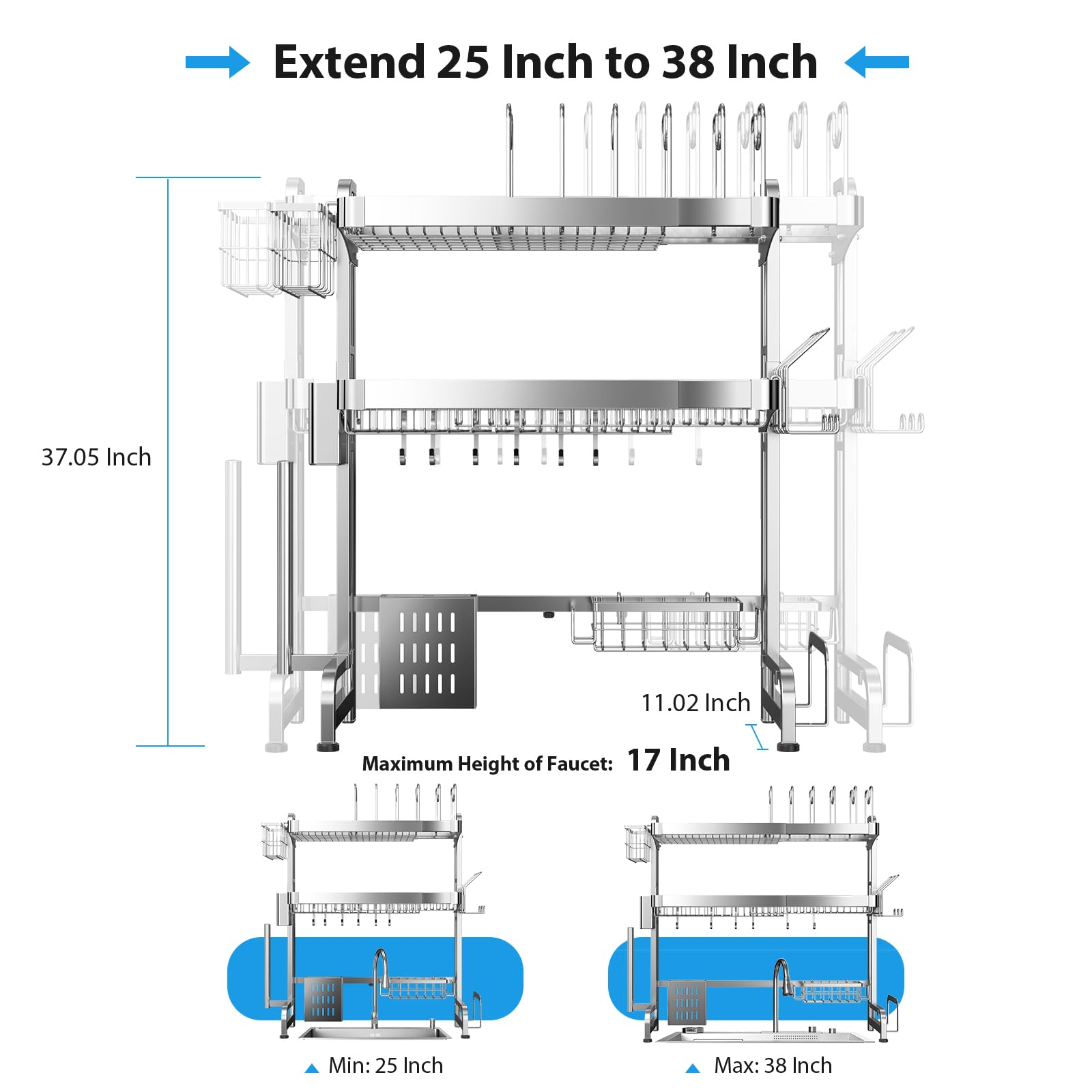 Over The Sink Dish Drainer Drying Rack 3 Tier Adjustable Width