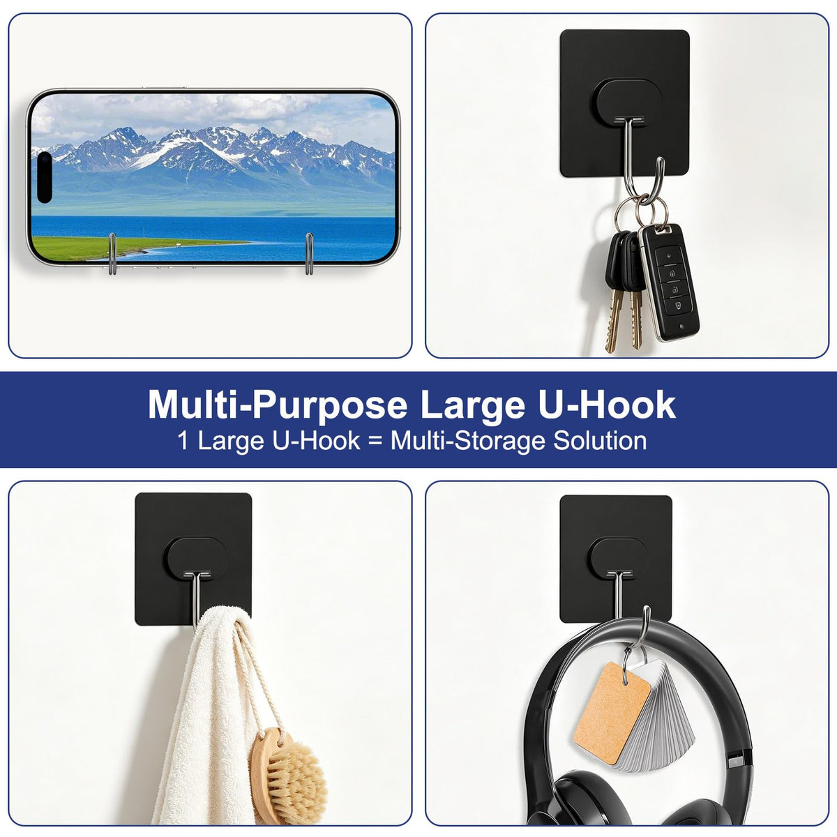 Adhesive Wall Hooks No Drill Large Black Heavy Duty (12 Count)