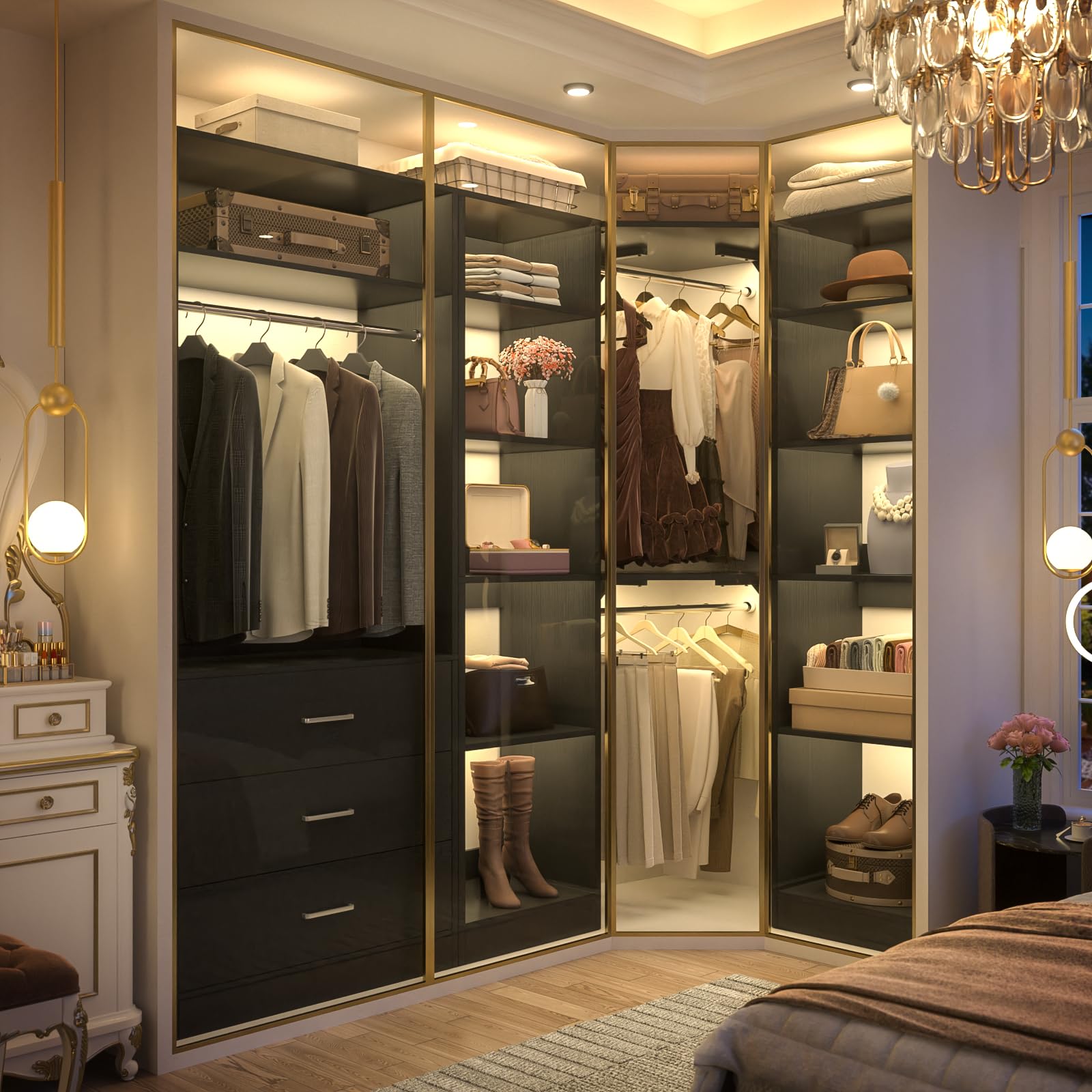 Corner Closet System with 3 Drawers