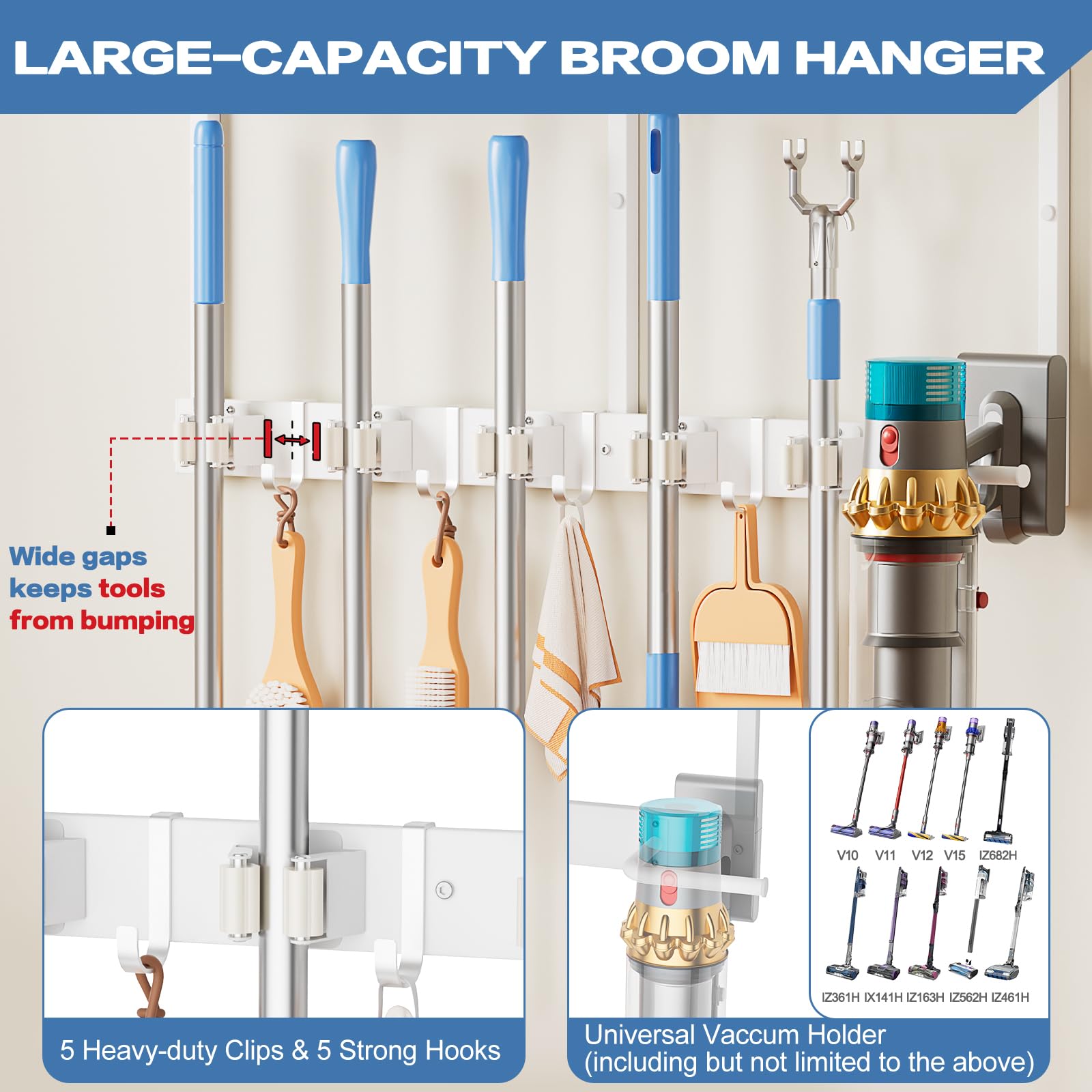 Broom Holder Wall Mount with Cleaning Supplies Organizer