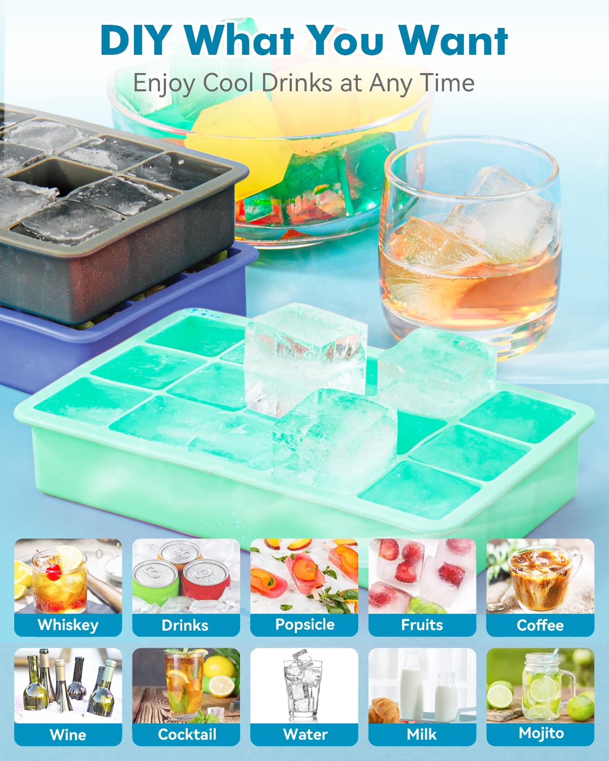 Silicone Ice Cube Trays for Freezer Set of 2 (8 Ounce)