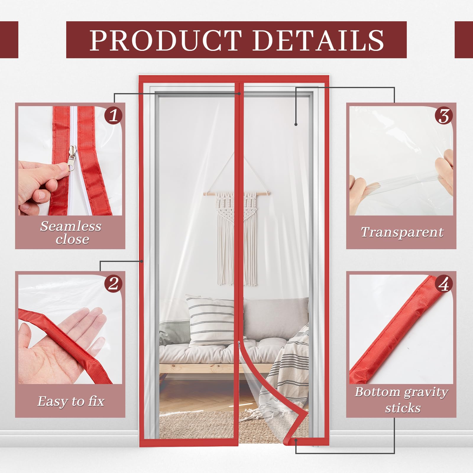 Zipper 60 x 102 Inch Dust Barrier Kit Red Edged Temporary Construction Door Barrier 5 x 8.5 ft Reusable Plastic Curtain Cover Containment Doorway Wall Screen Sheeting for Bathroom Hallway